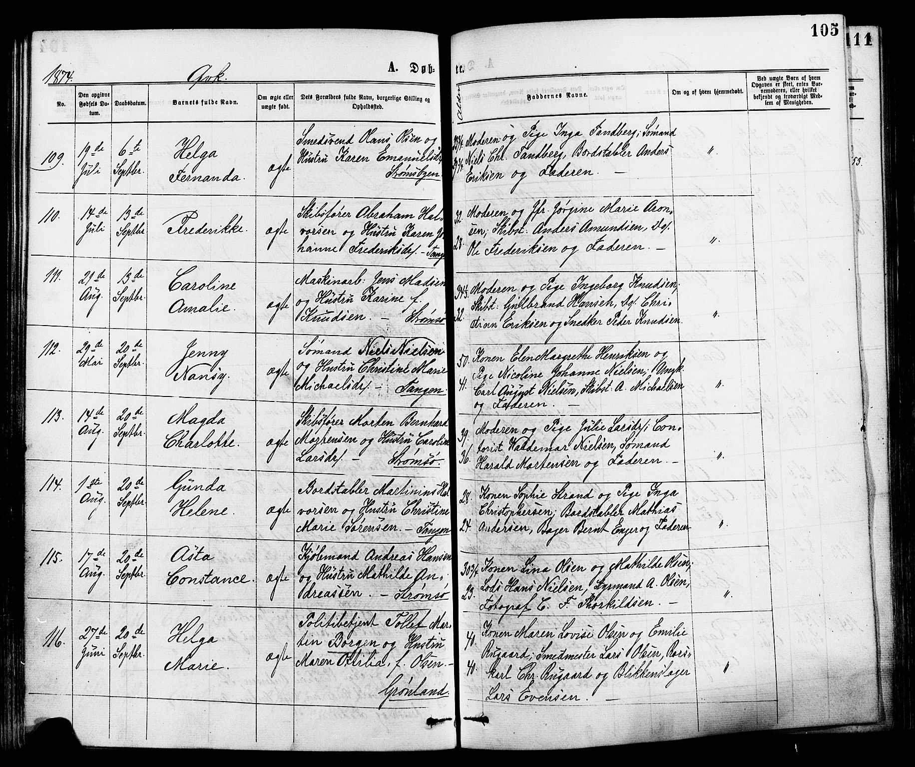 Strømsø kirkebøker, AV/SAKO-A-246/F/Fa/L0019: Ministerialbok nr. I 19, 1874-1877, s. 105