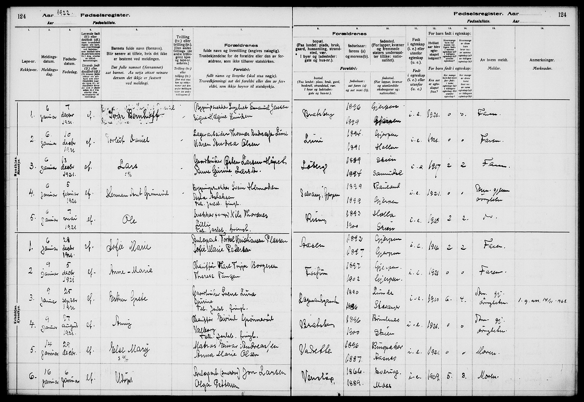 Gjerpen kirkebøker, AV/SAKO-A-265/J/Ja/L0001: Fødselsregister nr. I 1, 1916-1926, s. 124