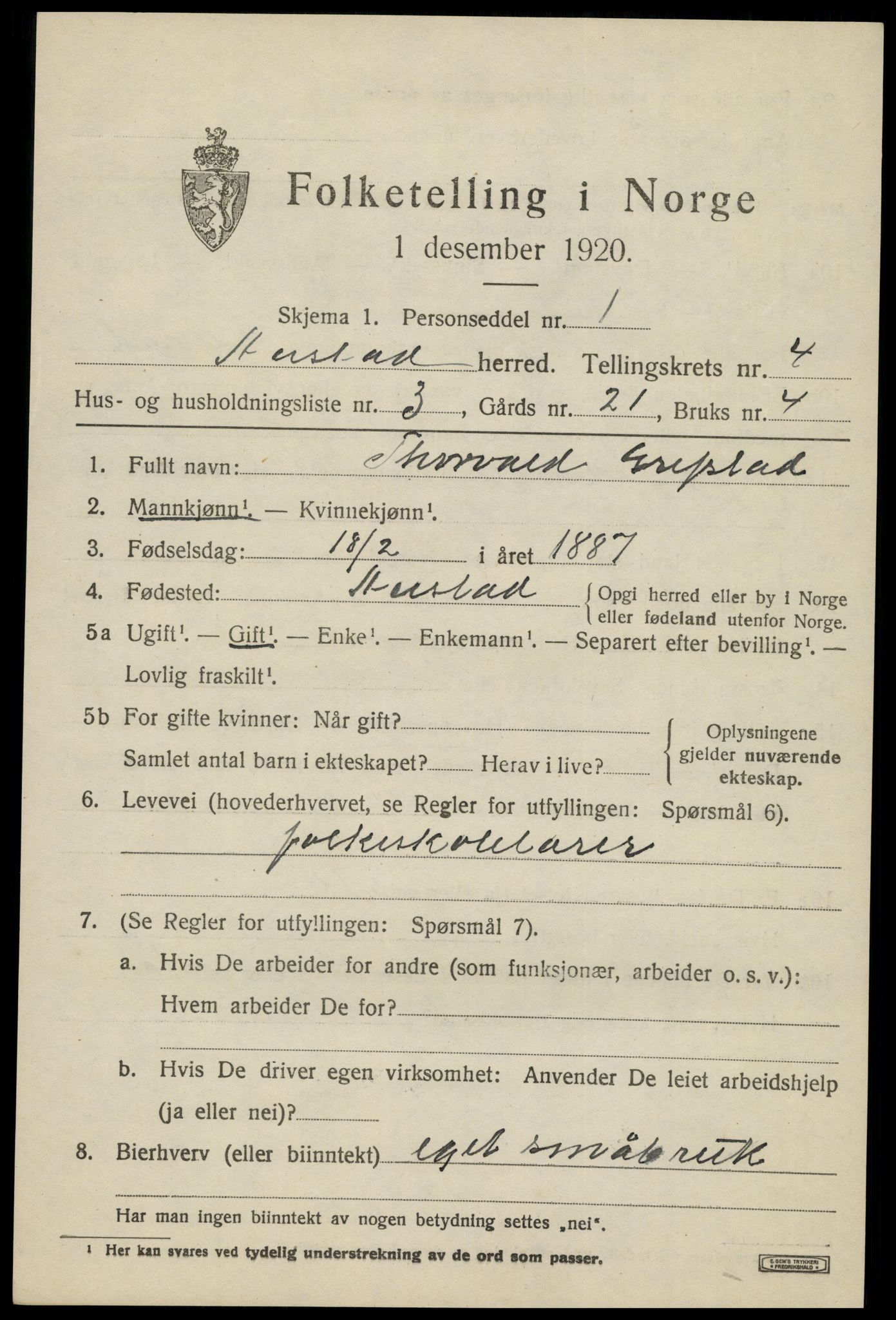 SAK, Folketelling 1920 for 1031 Austad herred, 1920, s. 1429