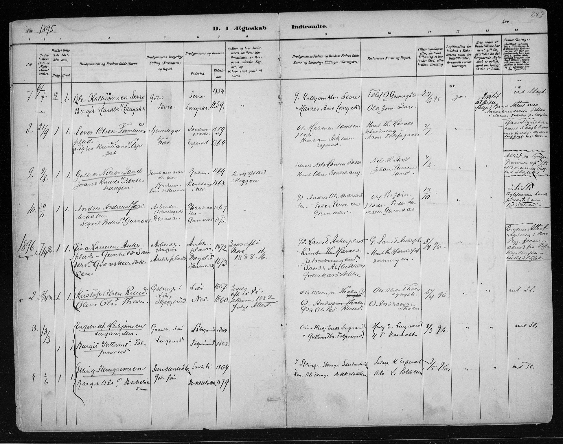 Nes kirkebøker, AV/SAKO-A-236/F/Fa/L0011: Ministerialbok nr. 11, 1881-1912, s. 287