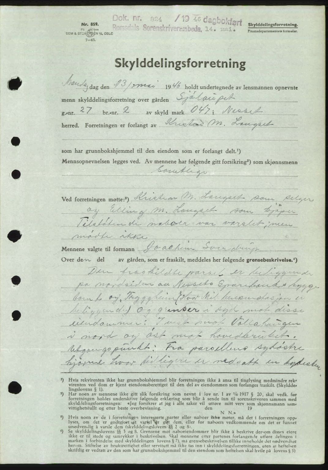 Romsdal sorenskriveri, SAT/A-4149/1/2/2C: Pantebok nr. A19, 1946-1946, Dagboknr: 824/1946