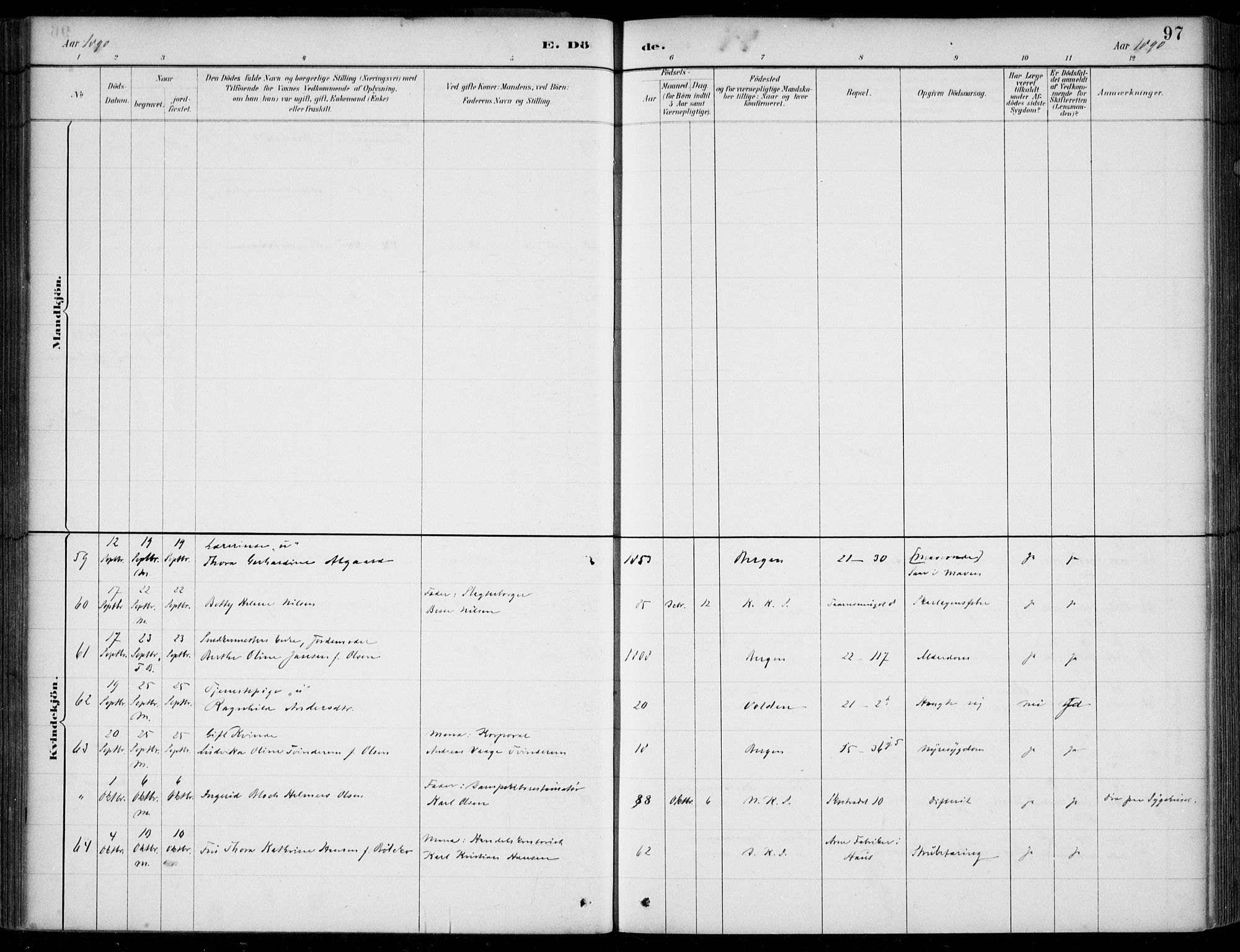 Korskirken sokneprestembete, AV/SAB-A-76101/H/Hab: Klokkerbok nr. E 4, 1884-1910, s. 97