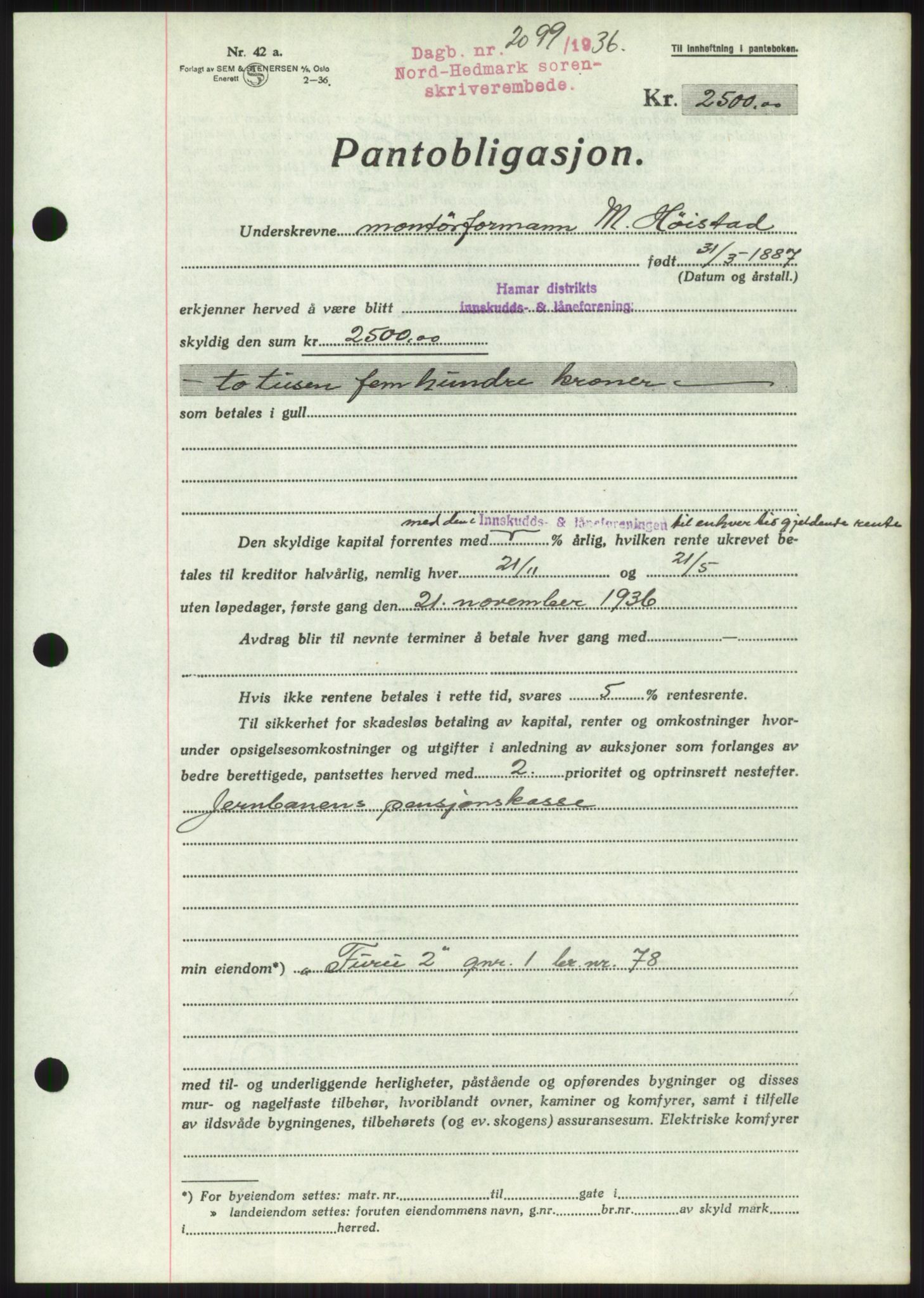 Nord-Hedmark sorenskriveri, SAH/TING-012/H/Hb/Hbf/L0001: Pantebok nr. B1, 1936-1936, Dagboknr: 2099/1936