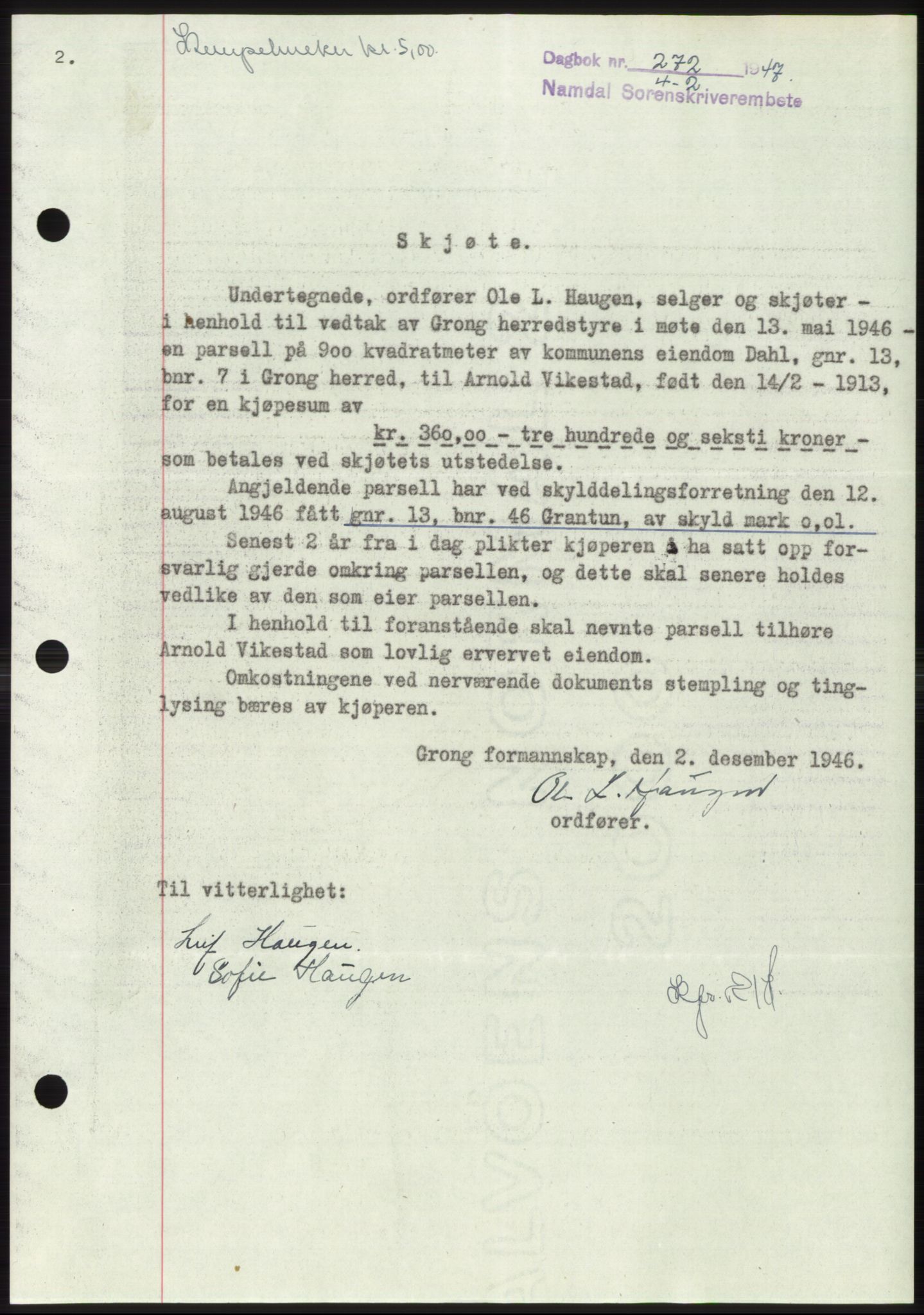Namdal sorenskriveri, SAT/A-4133/1/2/2C: Pantebok nr. -, 1946-1947, Dagboknr: 272/1947