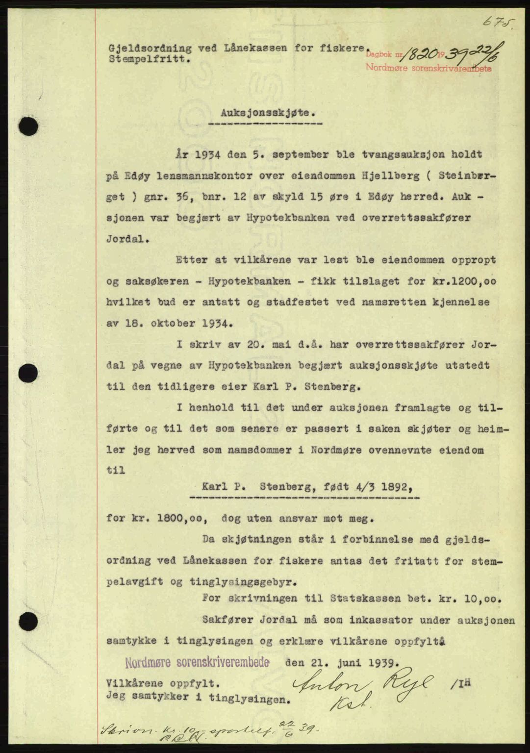 Nordmøre sorenskriveri, SAT/A-4132/1/2/2Ca: Pantebok nr. A86, 1939-1939, Dagboknr: 1820/1939