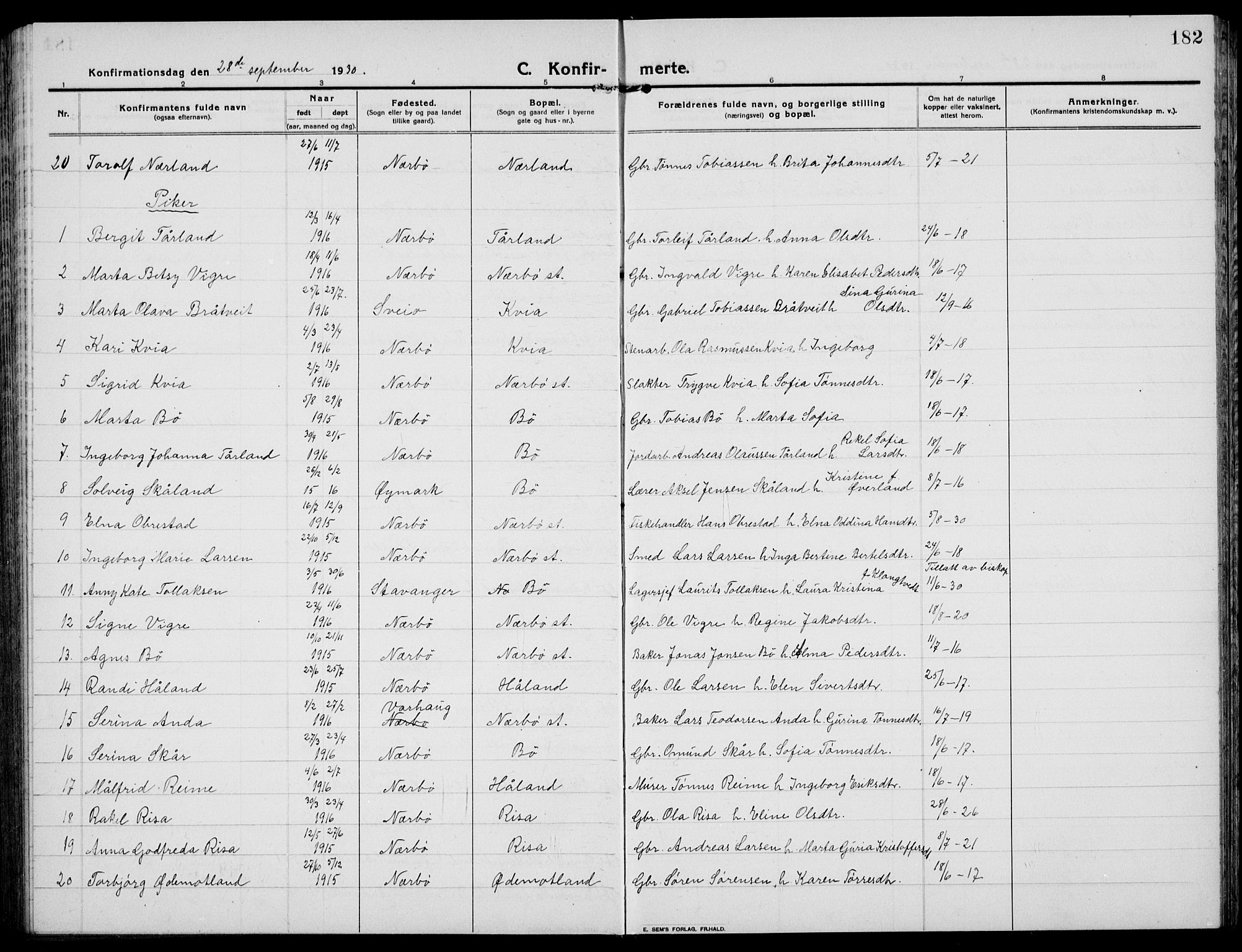 Hå sokneprestkontor, AV/SAST-A-101801/001/30BB/L0007: Klokkerbok nr. B 7, 1912-1939, s. 182