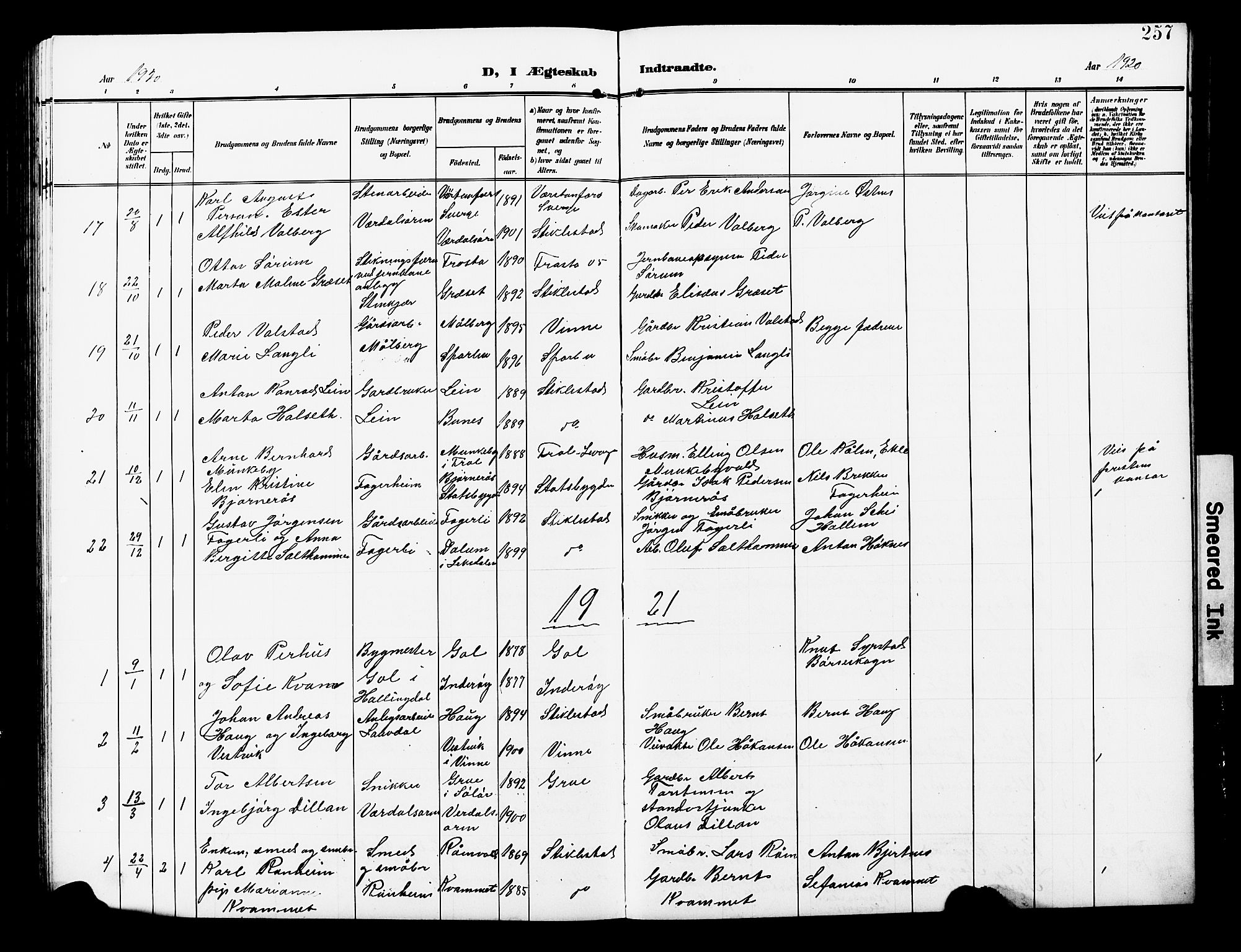 Ministerialprotokoller, klokkerbøker og fødselsregistre - Nord-Trøndelag, AV/SAT-A-1458/723/L0258: Klokkerbok nr. 723C06, 1908-1927, s. 257