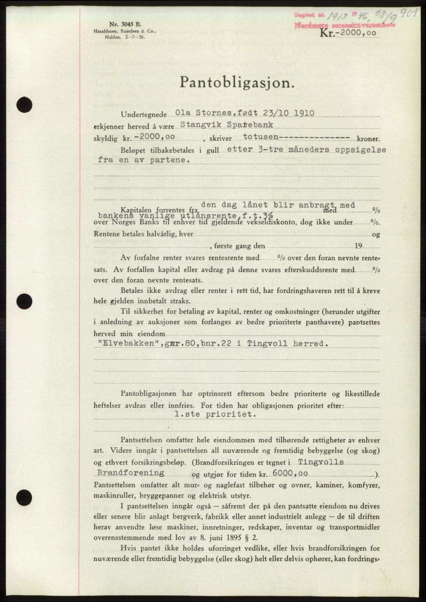 Nordmøre sorenskriveri, SAT/A-4132/1/2/2Ca: Pantebok nr. B94, 1946-1946, Dagboknr: 1913/1946