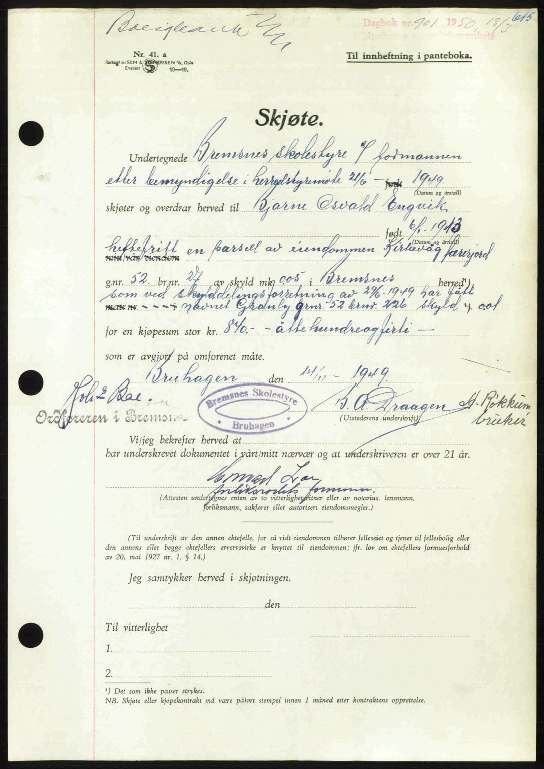 Nordmøre sorenskriveri, AV/SAT-A-4132/1/2/2Ca: Pantebok nr. A114, 1950-1950, Dagboknr: 901/1950