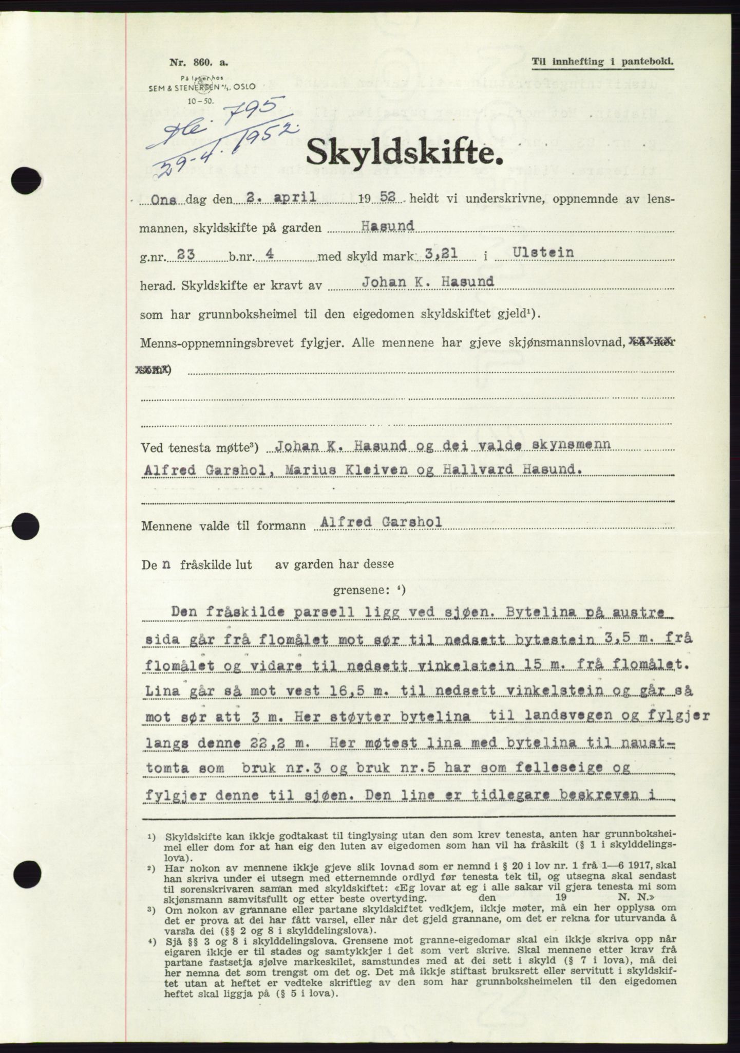 Søre Sunnmøre sorenskriveri, AV/SAT-A-4122/1/2/2C/L0092: Pantebok nr. 18A, 1952-1952, Dagboknr: 795/1952