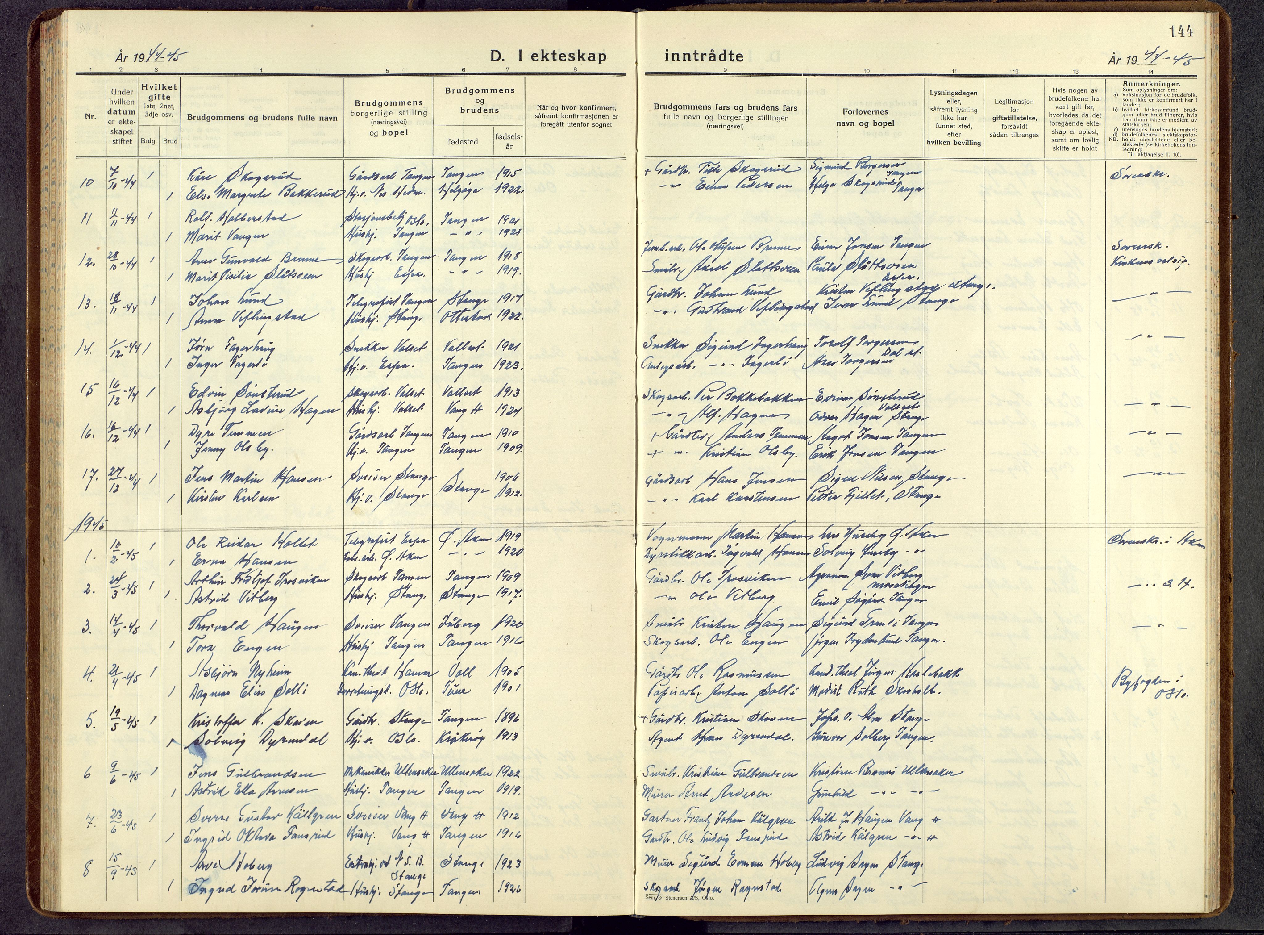 Stange prestekontor, AV/SAH-PREST-002/L/L0021: Klokkerbok nr. 21, 1937-1962, s. 144