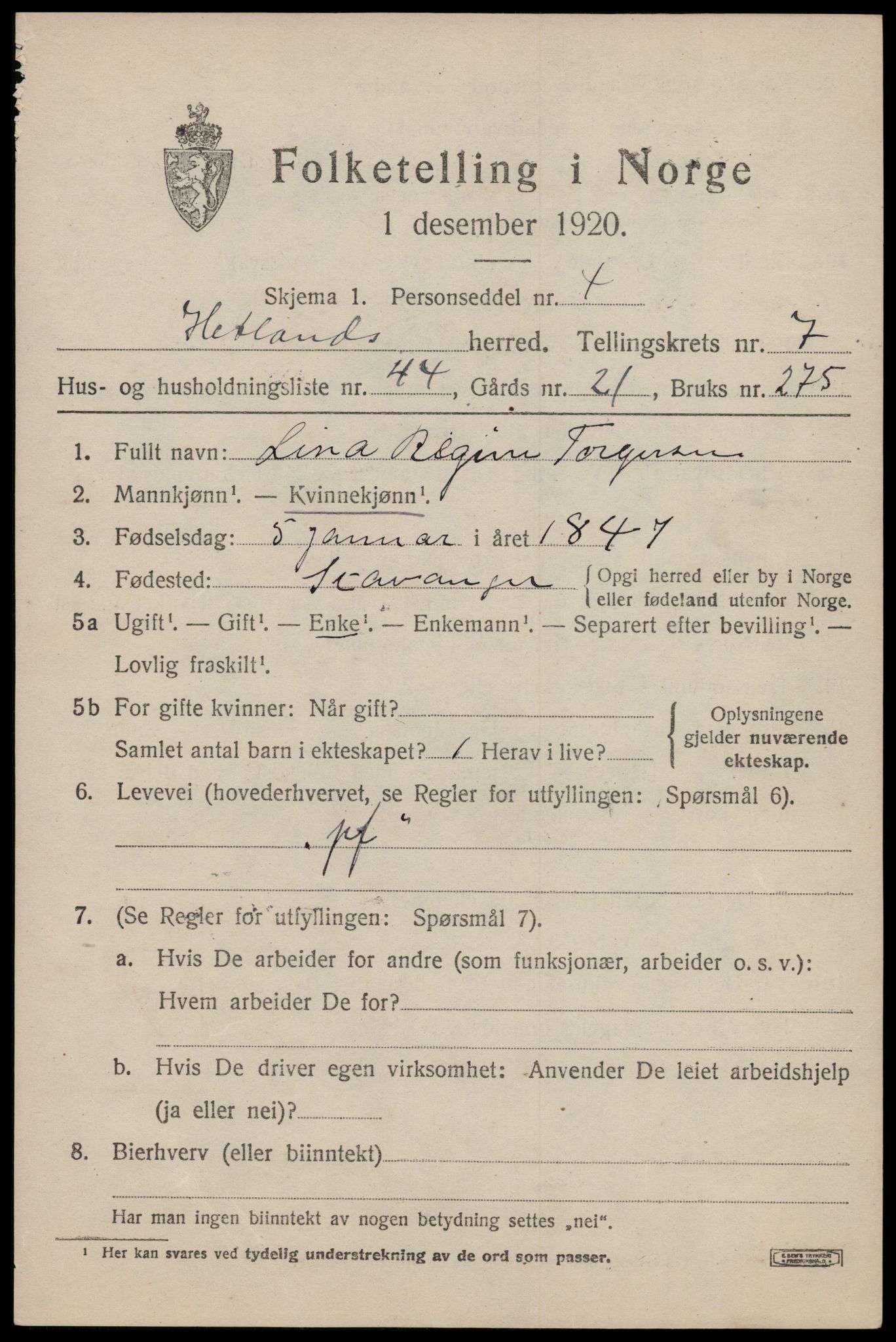 SAST, Folketelling 1920 for 1126 Hetland herred, 1920, s. 14461