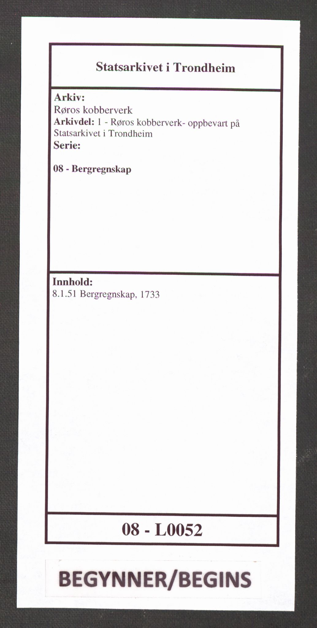 Røros kobberverk, SAT/PA-0211/1/08/L0052: 8.1.51 Bergregnskap, 1733