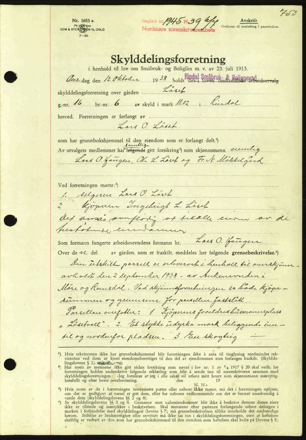 Nordmøre sorenskriveri, AV/SAT-A-4132/1/2/2Ca: Pantebok nr. A86, 1939-1939, Dagboknr: 1945/1939