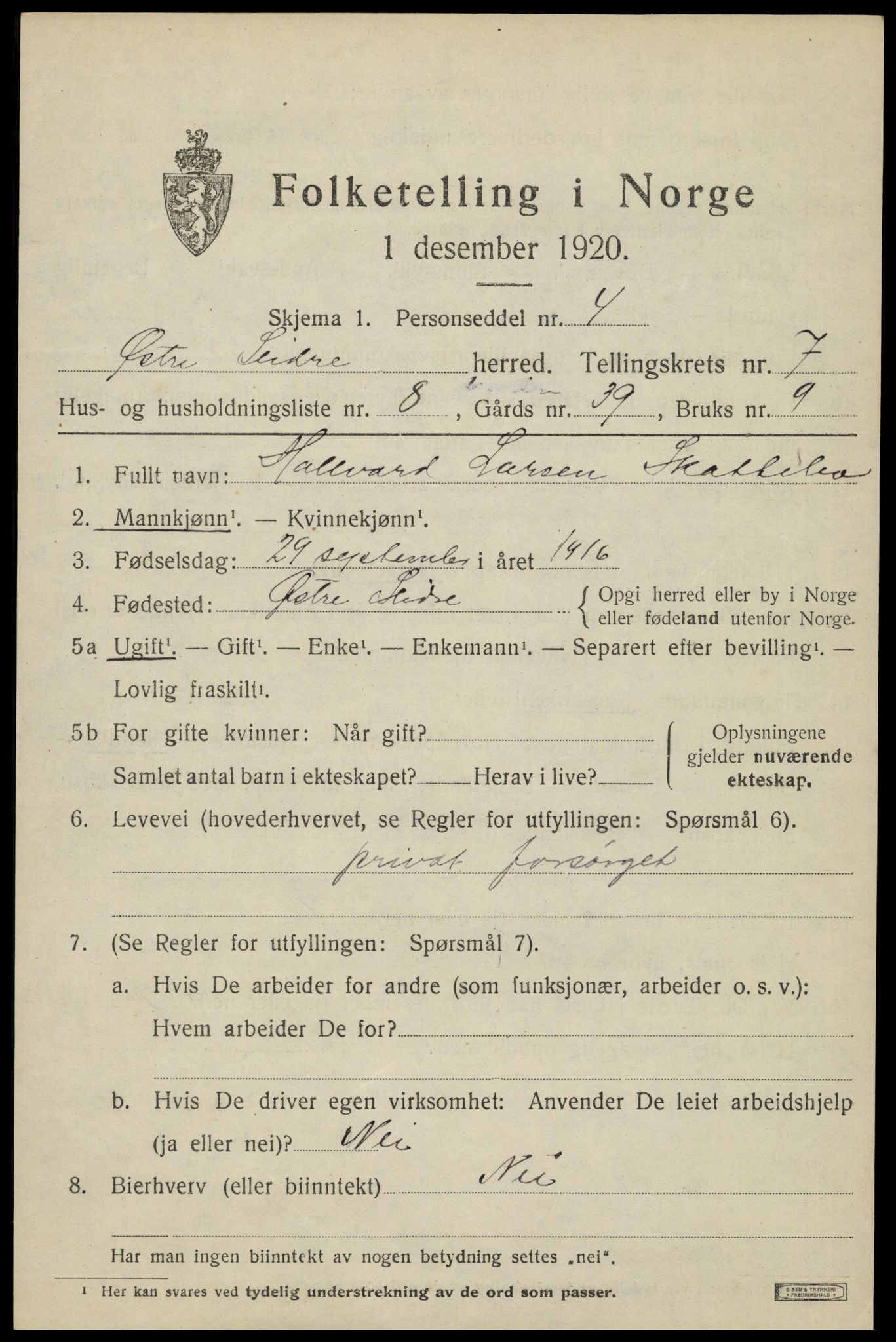 SAH, Folketelling 1920 for 0544 Øystre Slidre herred, 1920, s. 4089