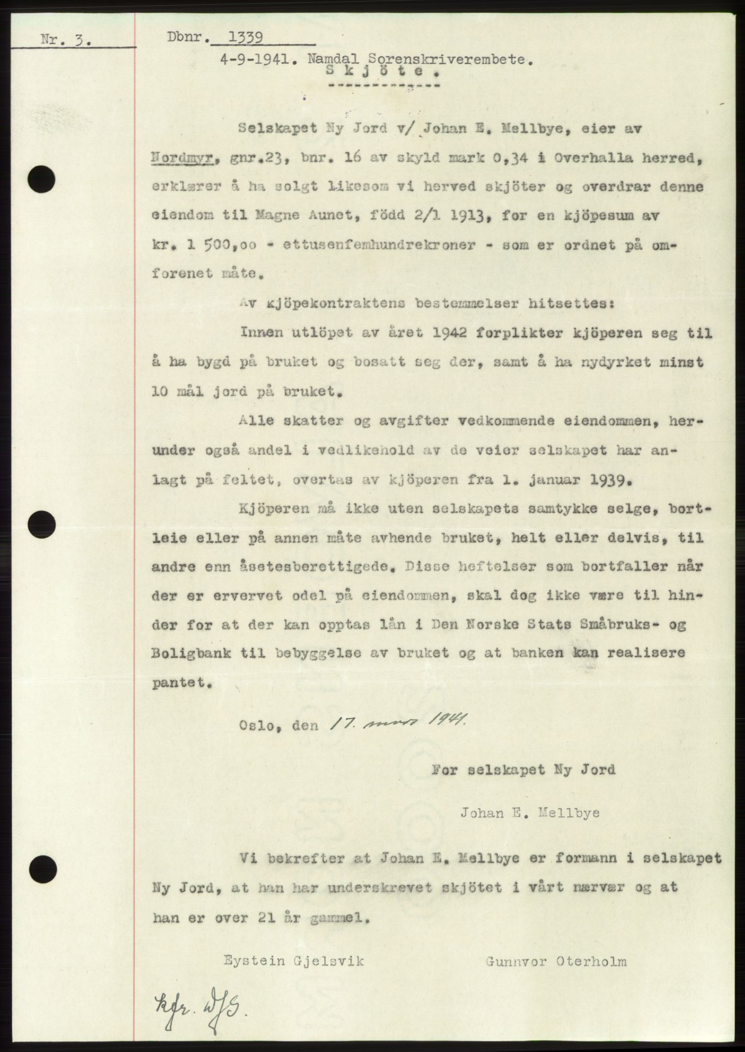 Namdal sorenskriveri, SAT/A-4133/1/2/2C: Pantebok nr. -, 1941-1942, Dagboknr: 1339/1941