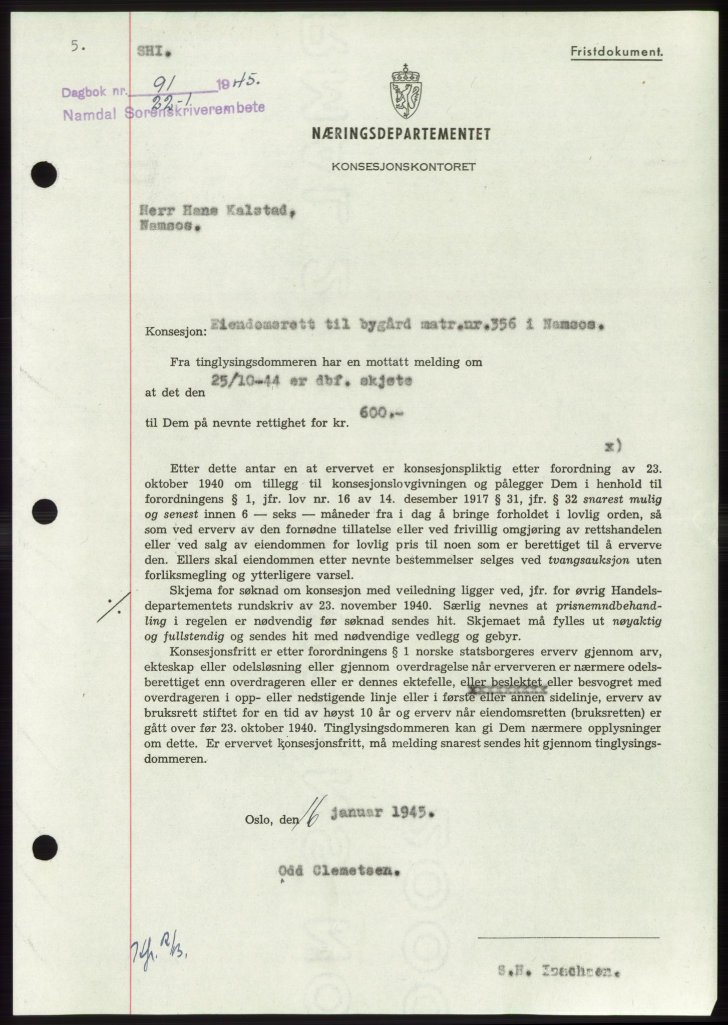 Namdal sorenskriveri, SAT/A-4133/1/2/2C: Pantebok nr. -, 1944-1945, Dagboknr: 91/1945