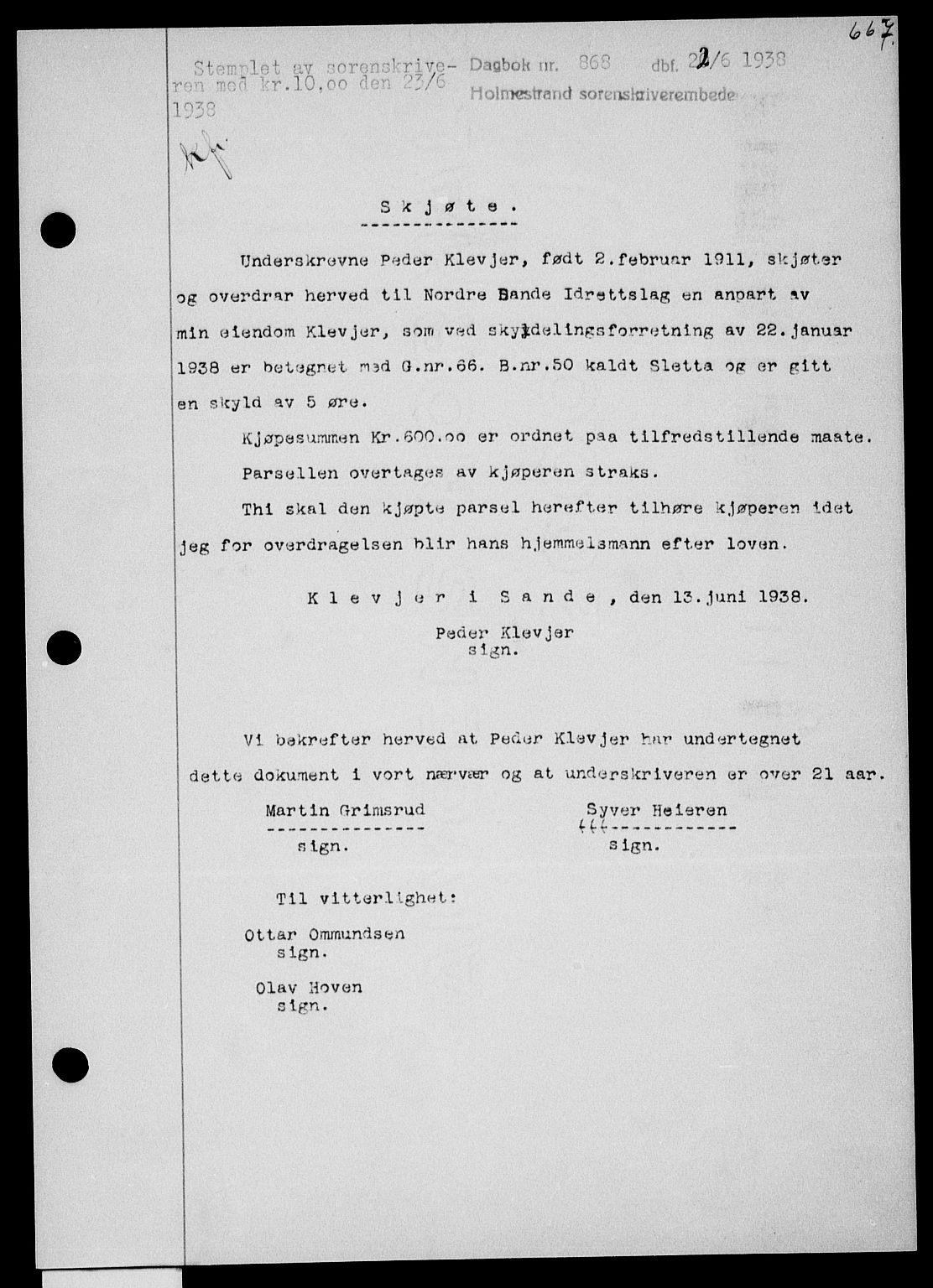Holmestrand sorenskriveri, SAKO/A-67/G/Ga/Gaa/L0049: Pantebok nr. A-49, 1937-1938, Dagboknr: 868/1938