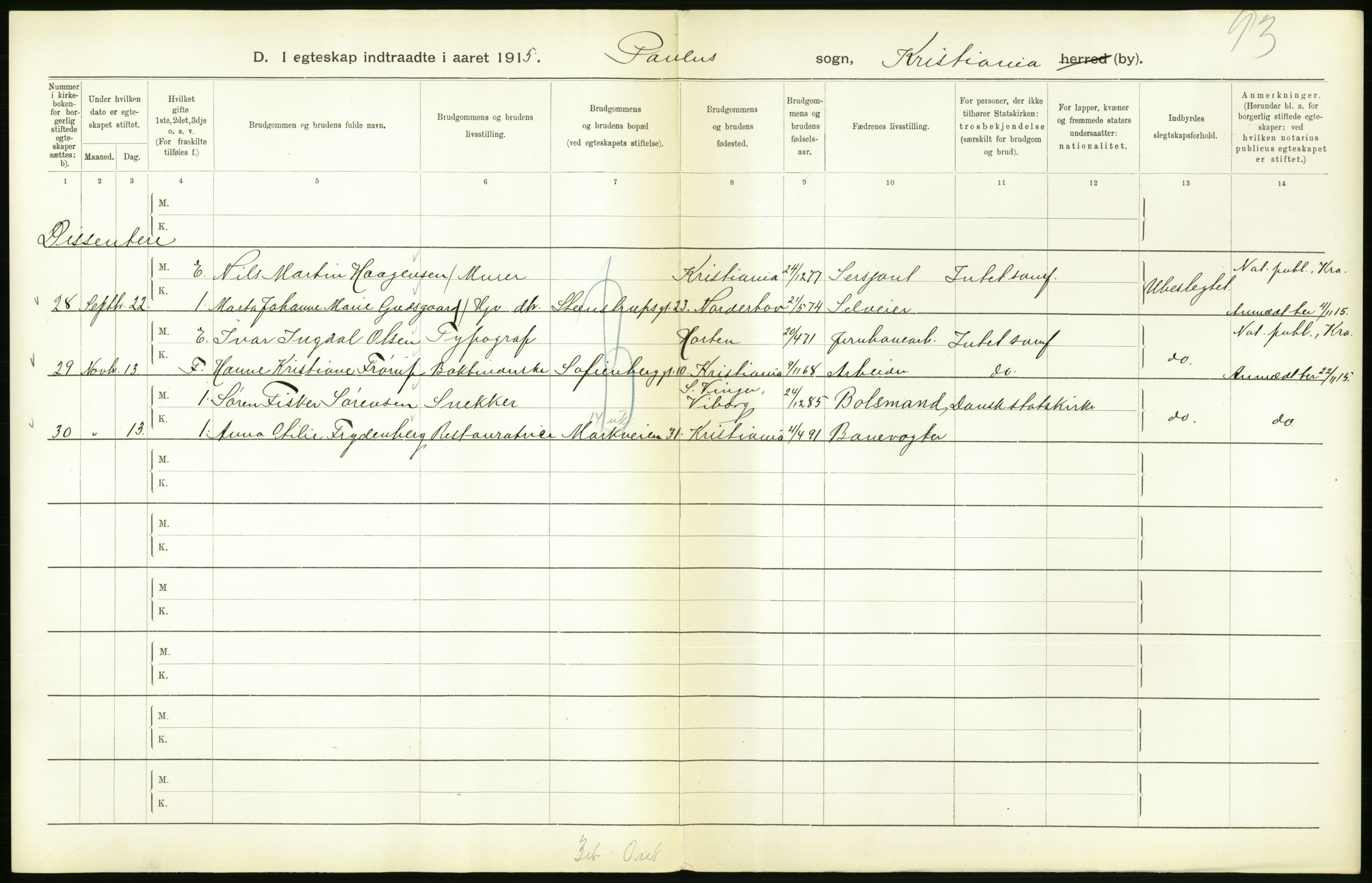 Statistisk sentralbyrå, Sosiodemografiske emner, Befolkning, RA/S-2228/D/Df/Dfb/Dfbe/L0008: Kristiania: Gifte., 1915, s. 506