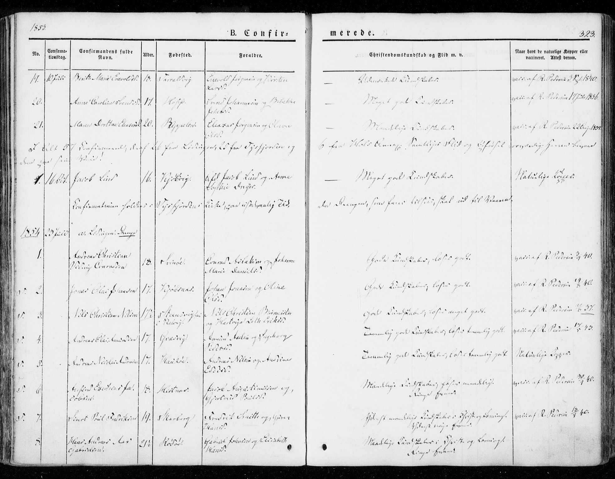 Ministerialprotokoller, klokkerbøker og fødselsregistre - Nordland, AV/SAT-A-1459/872/L1033: Ministerialbok nr. 872A08, 1840-1863, s. 323