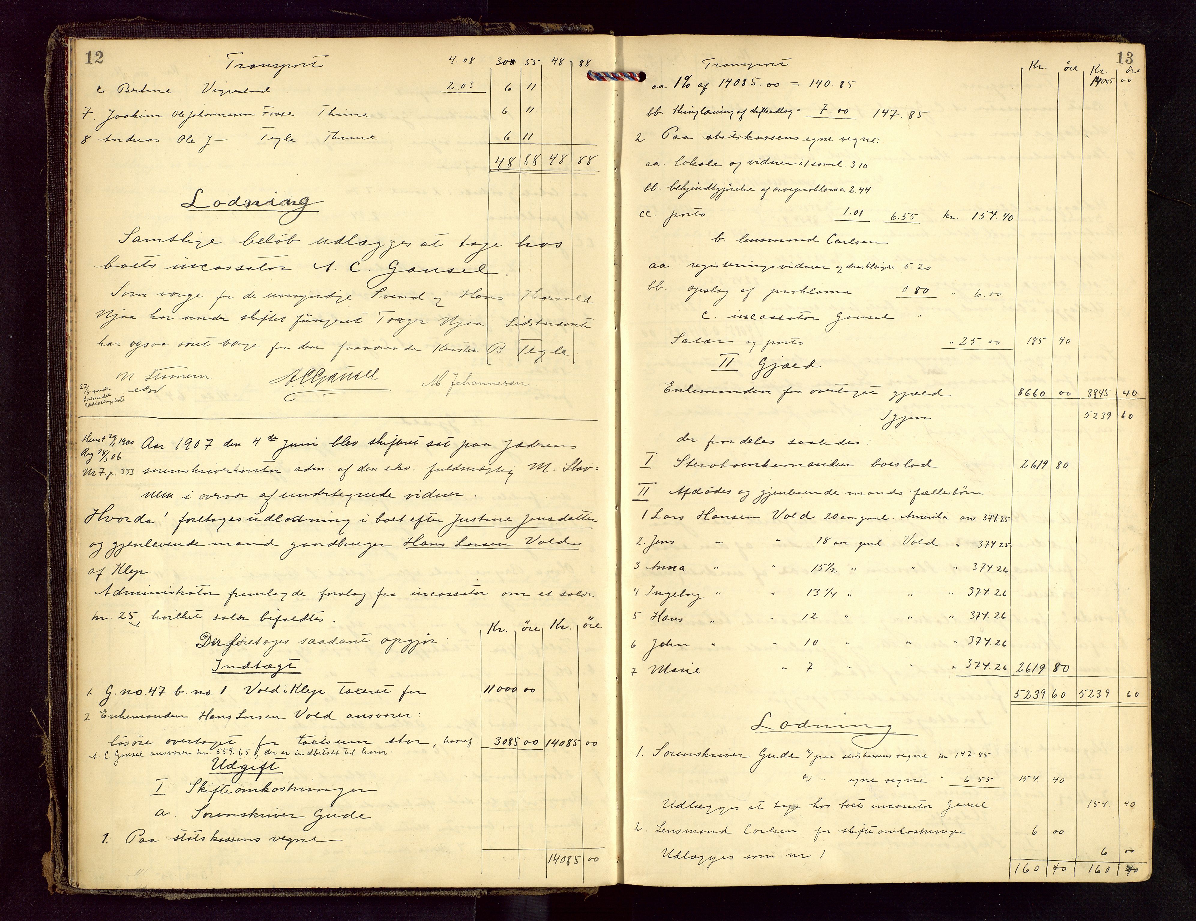 Jæren sorenskriveri, AV/SAST-A-100310/01/5/50/50BB/L0007: SKIFTEUTLODNINGSPROTOKOLL, 1907-1914, s. 12-13