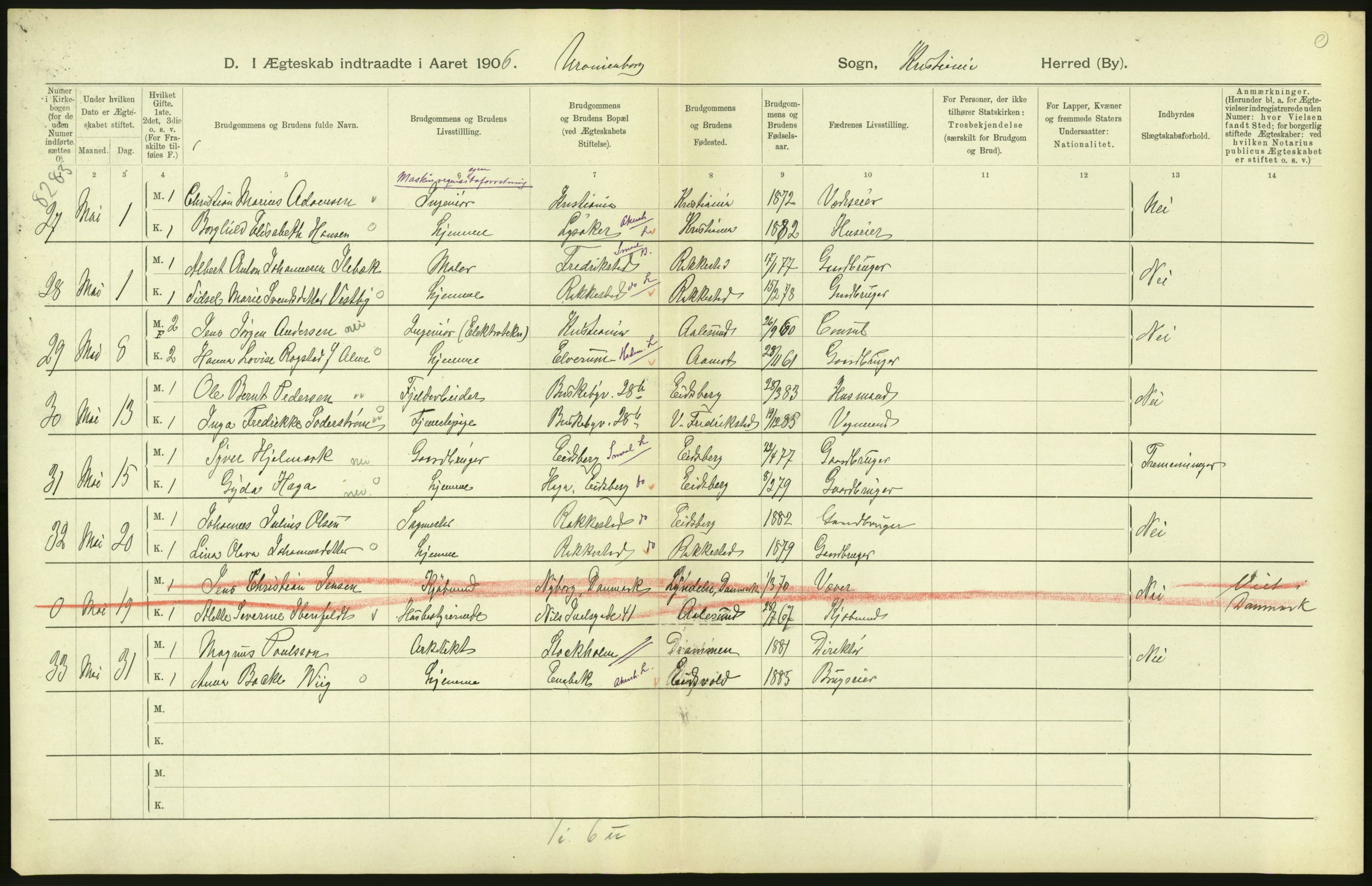 Statistisk sentralbyrå, Sosiodemografiske emner, Befolkning, AV/RA-S-2228/D/Df/Dfa/Dfad/L0008: Kristiania: Gifte, 1906, s. 466