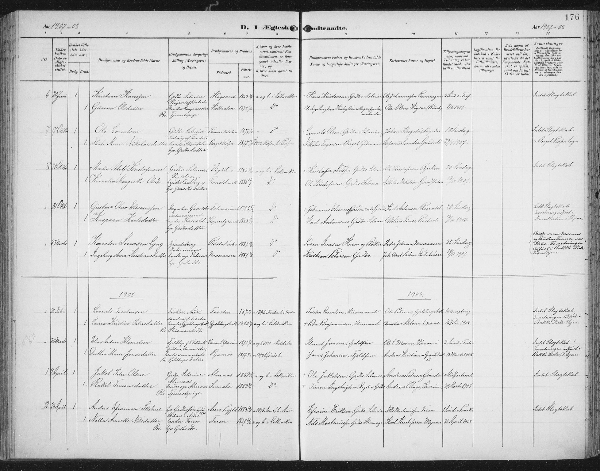 Ministerialprotokoller, klokkerbøker og fødselsregistre - Nord-Trøndelag, SAT/A-1458/701/L0011: Ministerialbok nr. 701A11, 1899-1915, s. 176