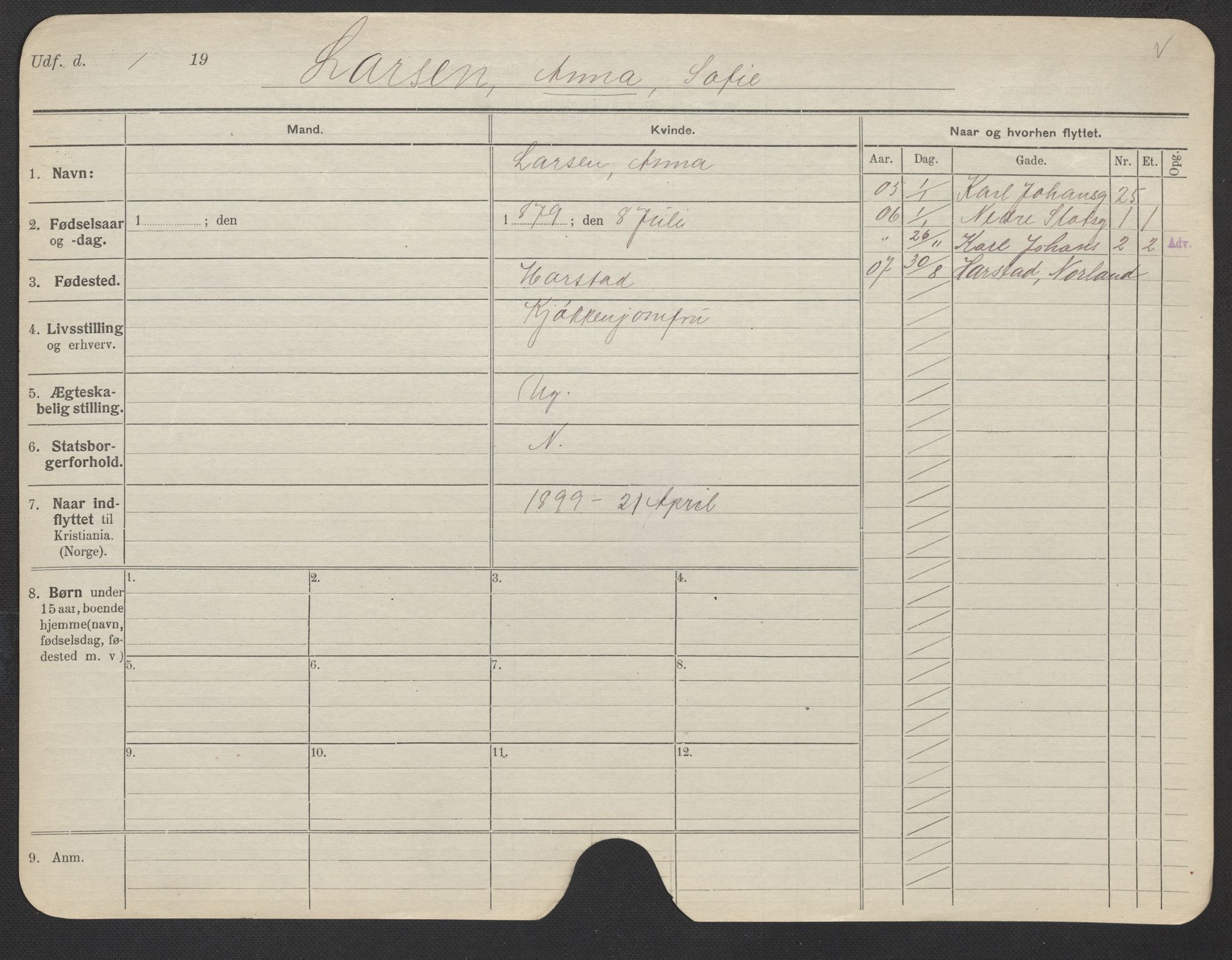 Oslo folkeregister, Registerkort, AV/SAO-A-11715/F/Fa/Fac/L0019: Kvinner, 1906-1914, s. 820a