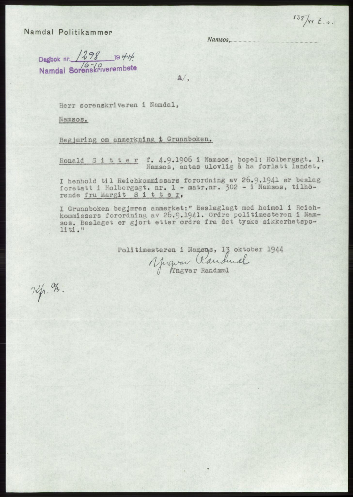 Namdal sorenskriveri, SAT/A-4133/1/2/2C: Pantebok nr. -, 1944-1945, Dagboknr: 1298/1944