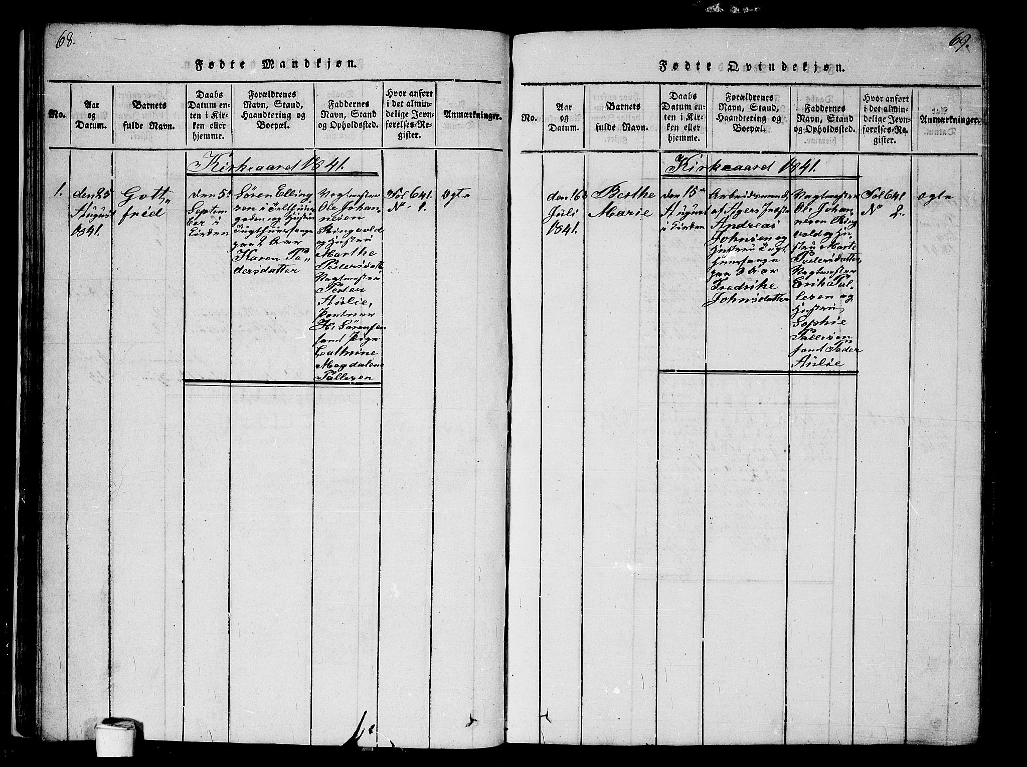 Kristiania tukthusprest Kirkebøker, SAO/A-10881/G/Ga/L0001: Klokkerbok nr. 1, 1818-1857, s. 68-69