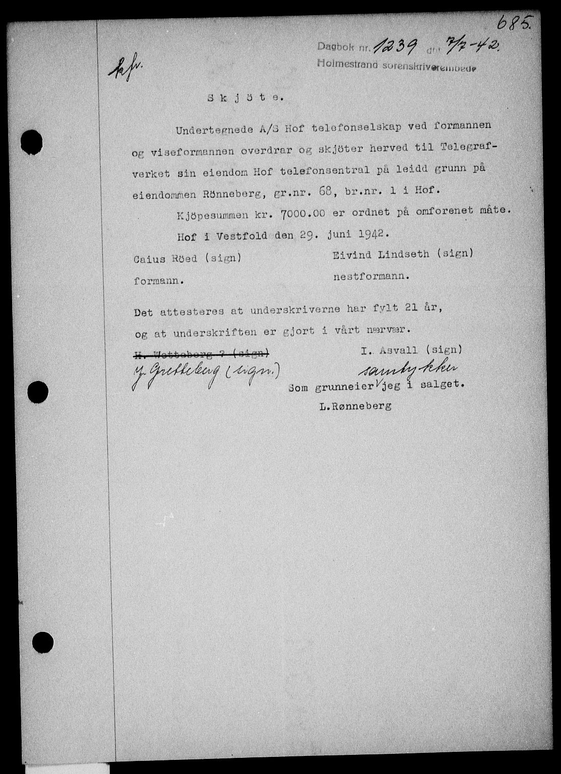 Holmestrand sorenskriveri, SAKO/A-67/G/Ga/Gaa/L0055: Pantebok nr. A-55, 1942-1942, Dagboknr: 1239/1942