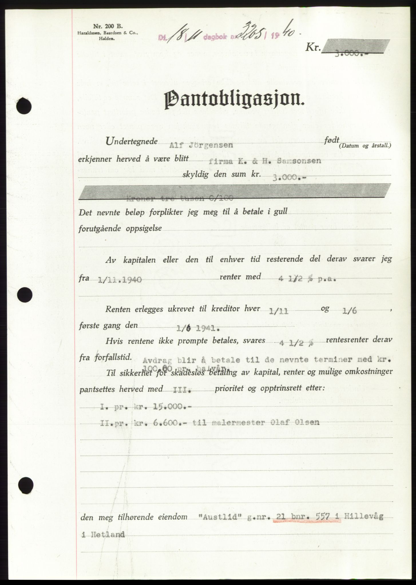 Jæren sorenskriveri, SAST/A-100310/03/G/Gba/L0078: Pantebok, 1940-1940, Dagboknr: 3205/1940
