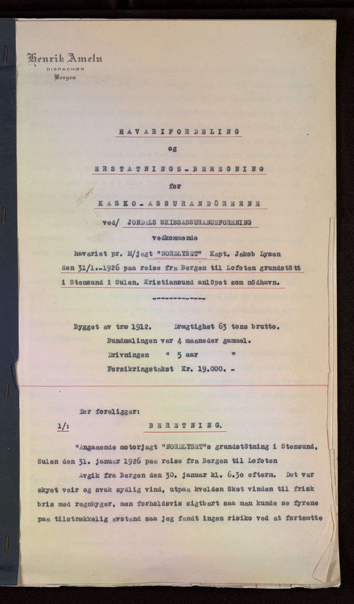 Jondal Skipsassuranseforening, SAB/SAB/PA-0276/E/L0094: Korrespondanse , 1921-1939