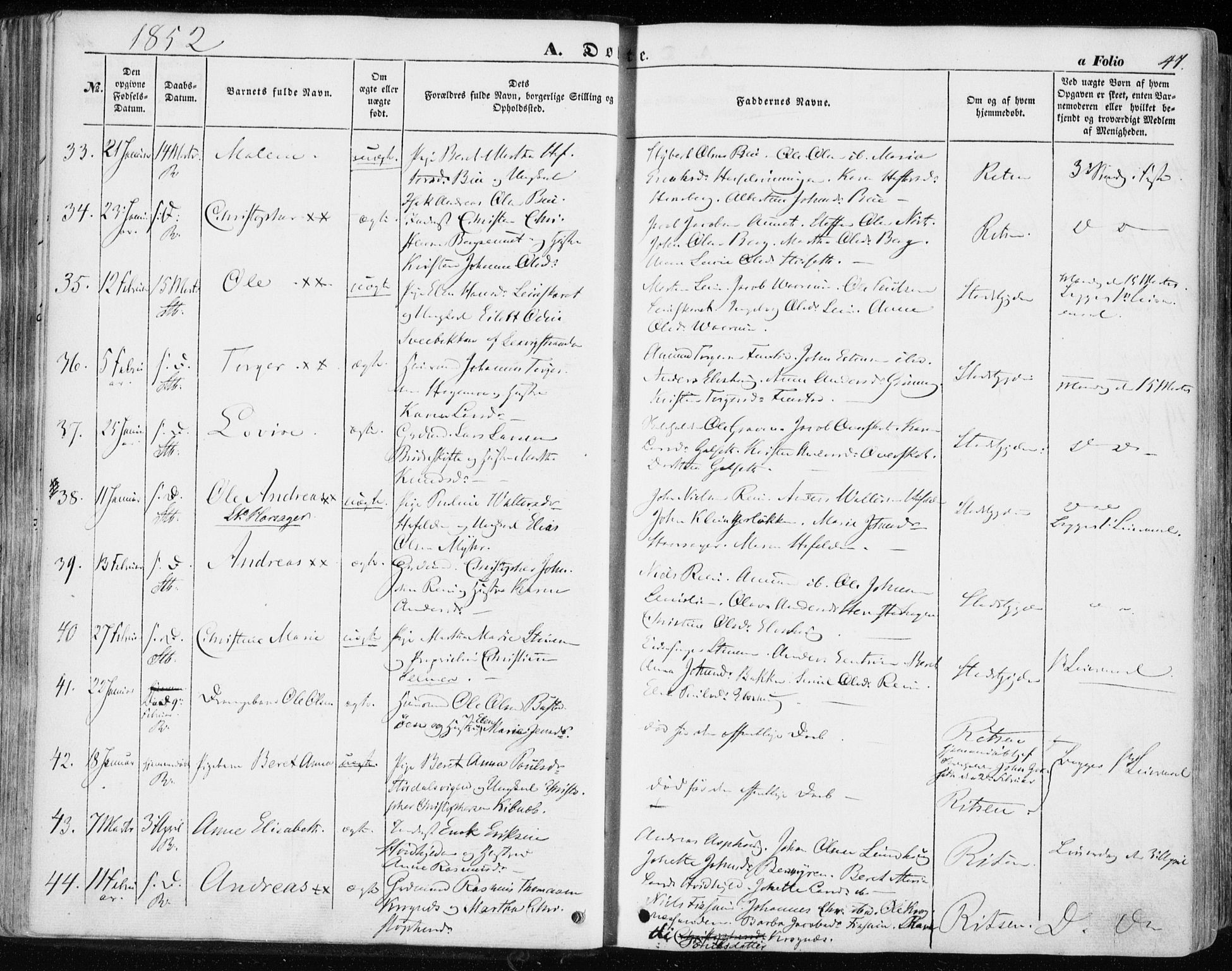 Ministerialprotokoller, klokkerbøker og fødselsregistre - Sør-Trøndelag, SAT/A-1456/646/L0611: Ministerialbok nr. 646A09, 1848-1857, s. 47