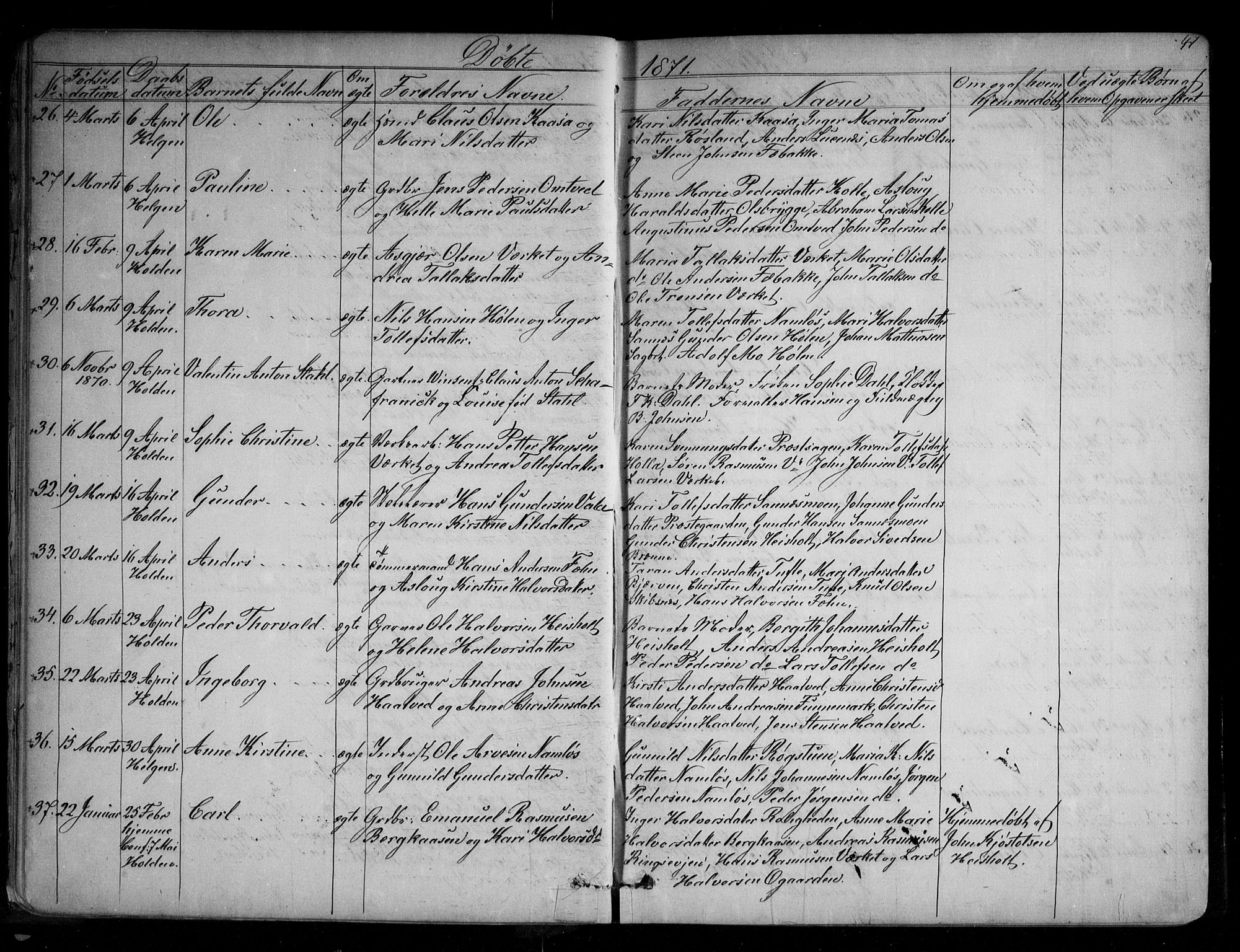 Holla kirkebøker, AV/SAKO-A-272/G/Ga/L0004: Klokkerbok nr. I 4, 1867-1890, s. 41