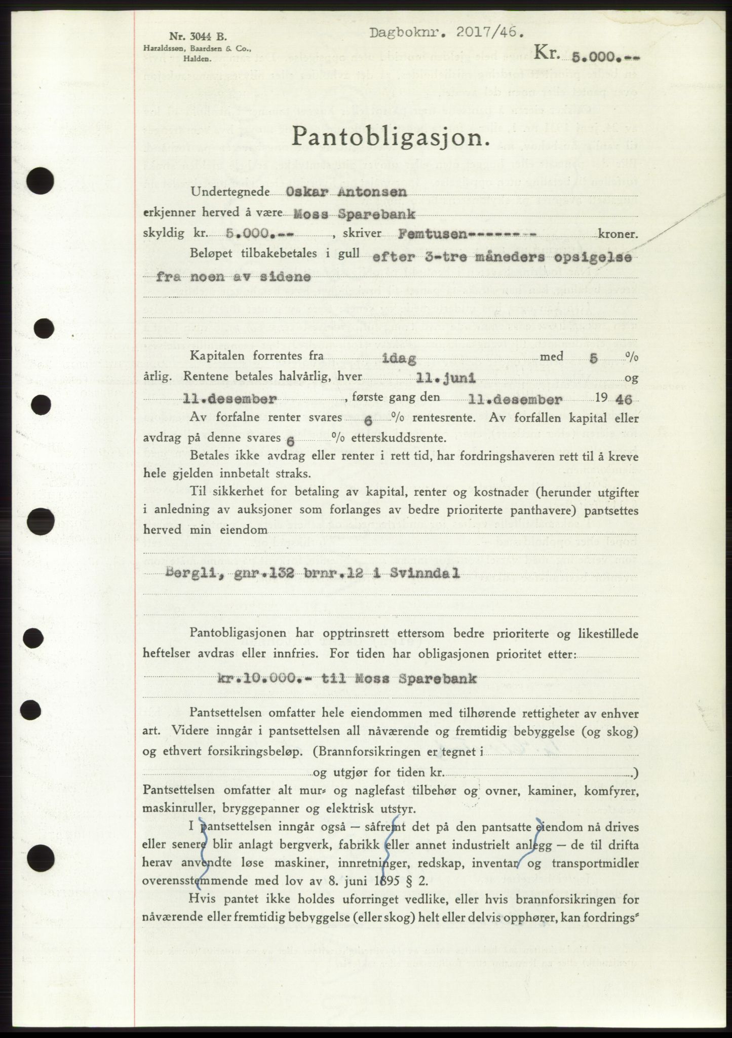 Moss sorenskriveri, SAO/A-10168: Pantebok nr. B15, 1946-1946, Dagboknr: 2017/1946