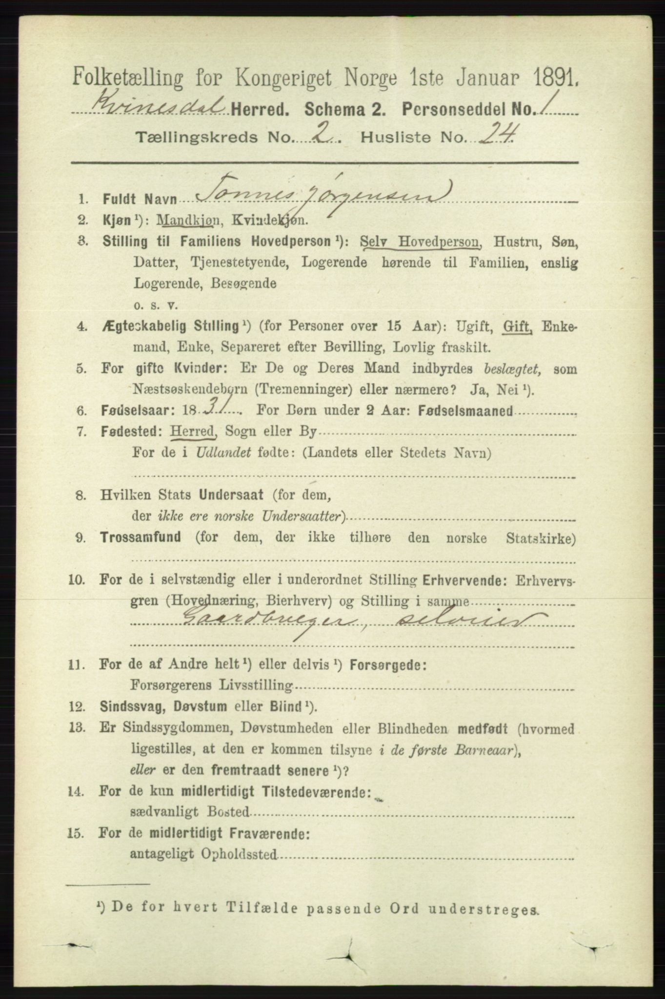 RA, Folketelling 1891 for 1037 Kvinesdal herred, 1891, s. 487