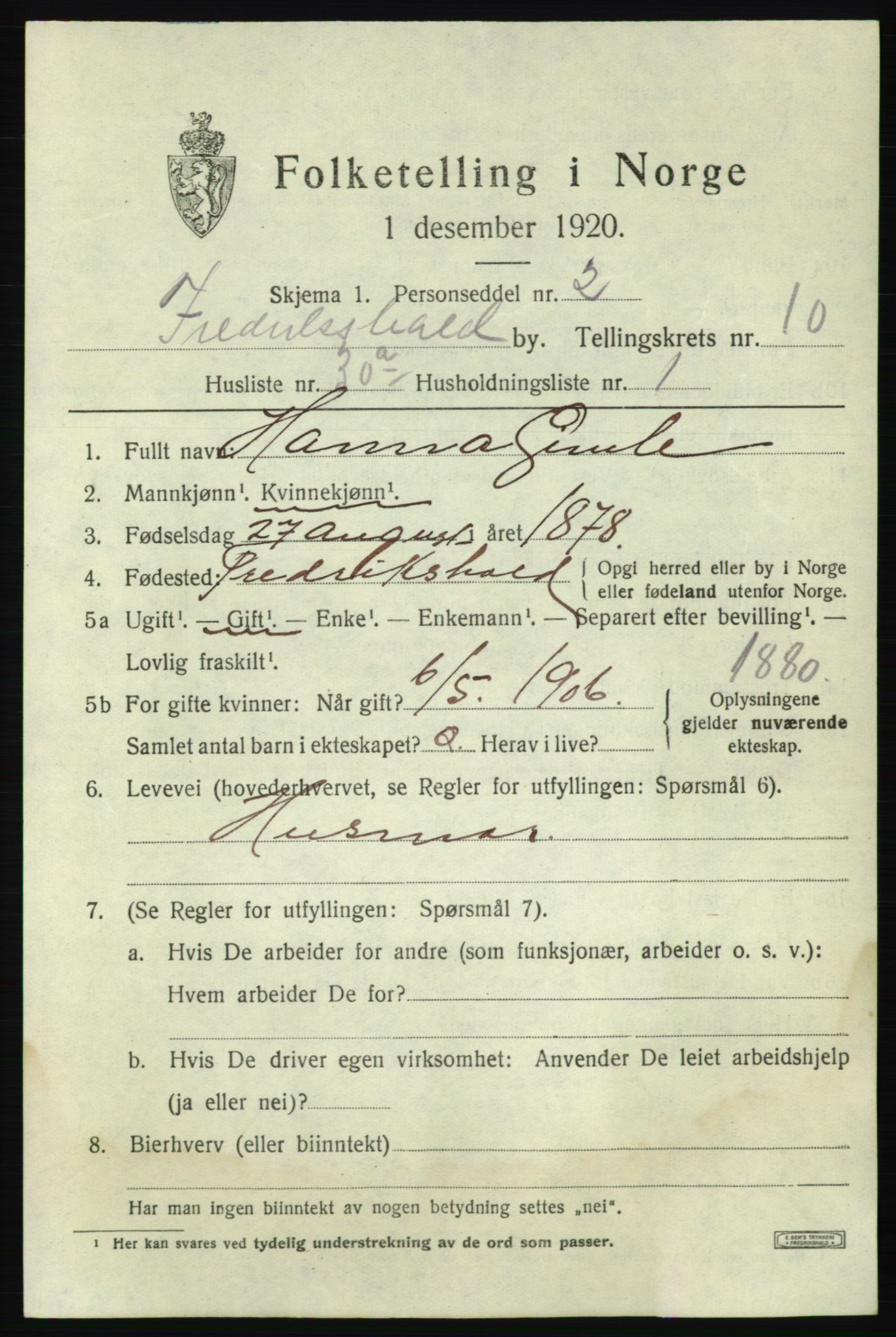 SAO, Folketelling 1920 for 0101 Fredrikshald kjøpstad, 1920, s. 18393