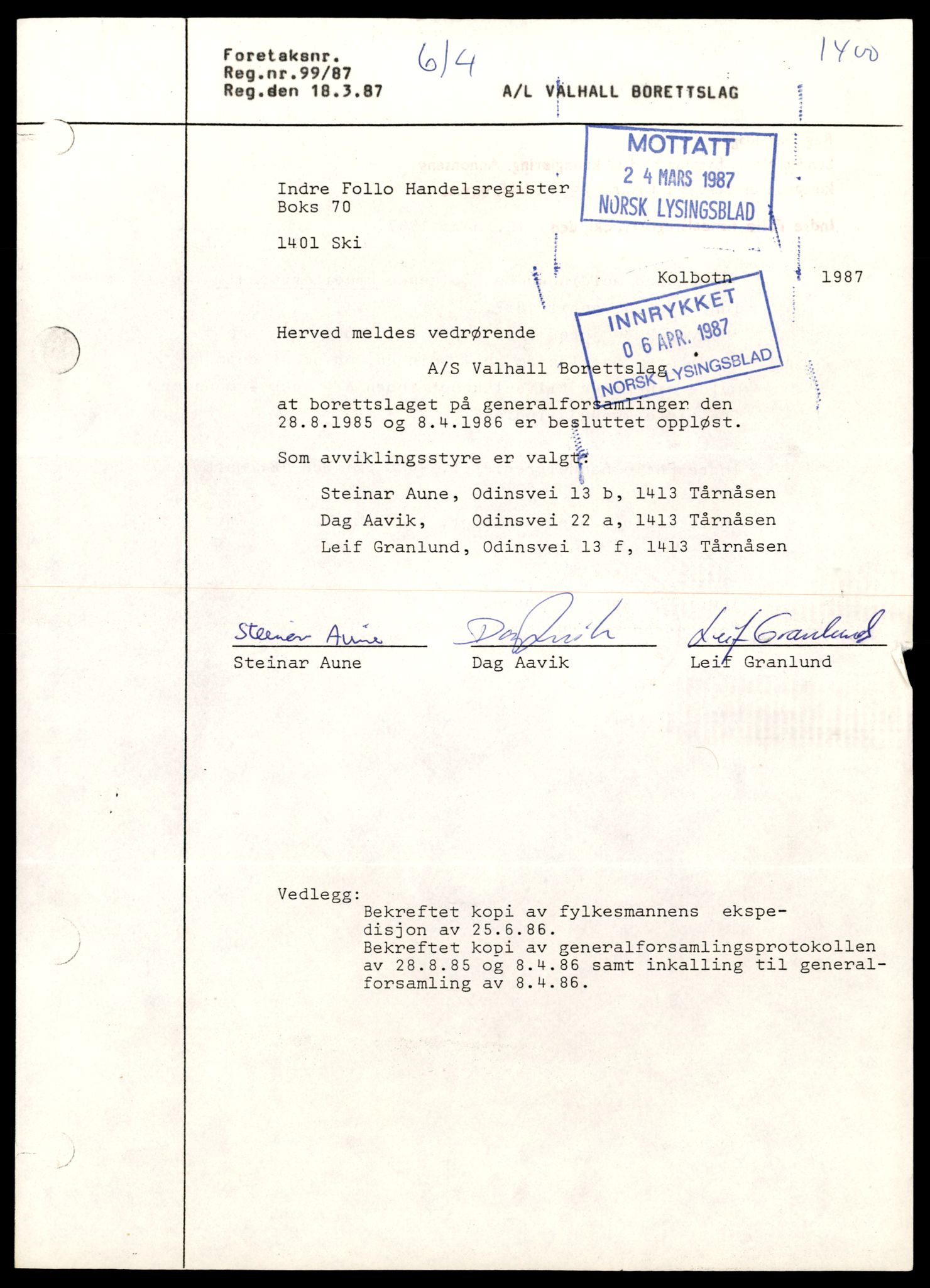 Indre Follo tingrett, AV/SAT-A-10086/K/Kb/Kbb/L0055: Andelslag, Val - Å, 1944-1990, s. 1