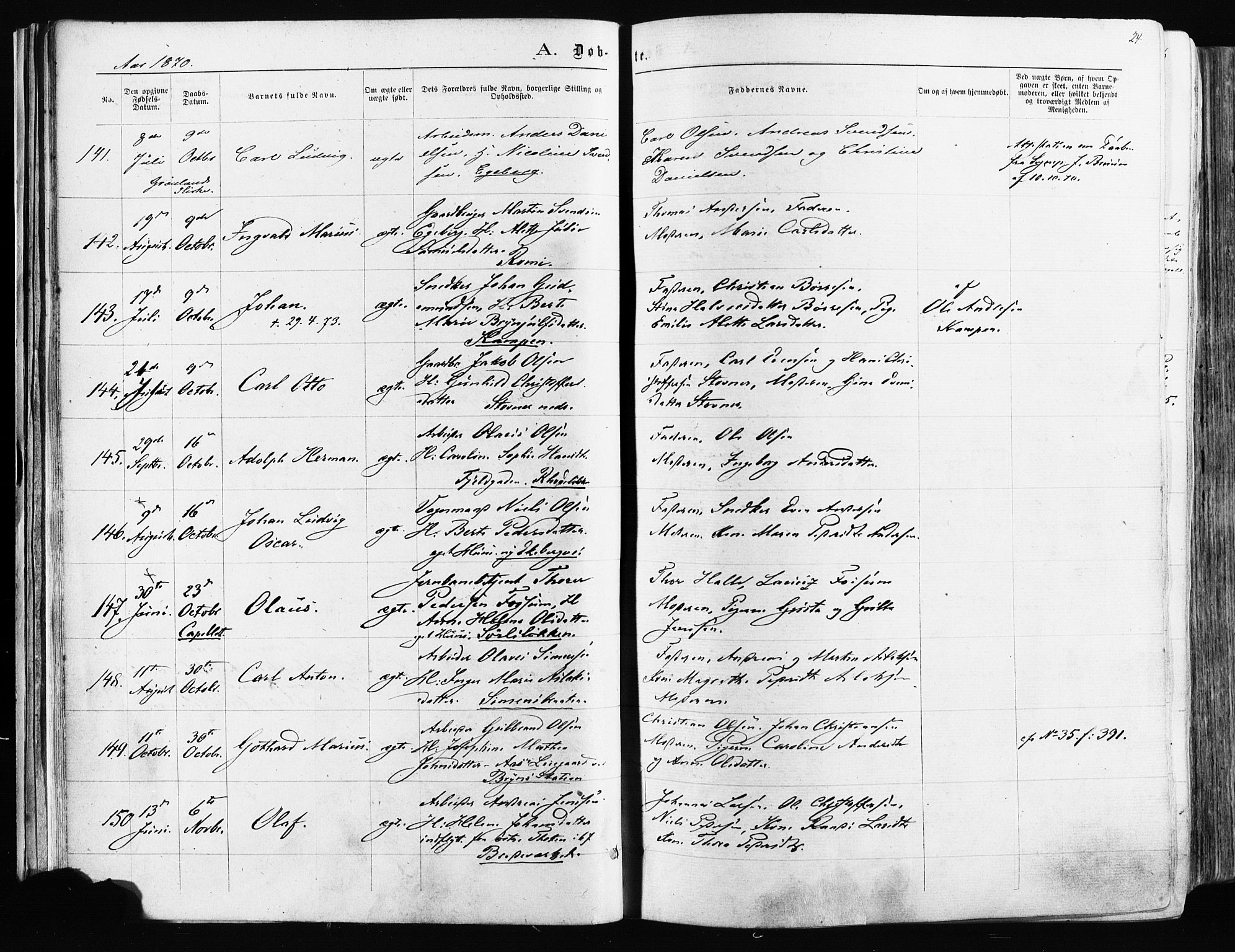Østre Aker prestekontor Kirkebøker, AV/SAO-A-10840/F/Fa/L0003: Ministerialbok nr. I 3, 1869-1875, s. 24