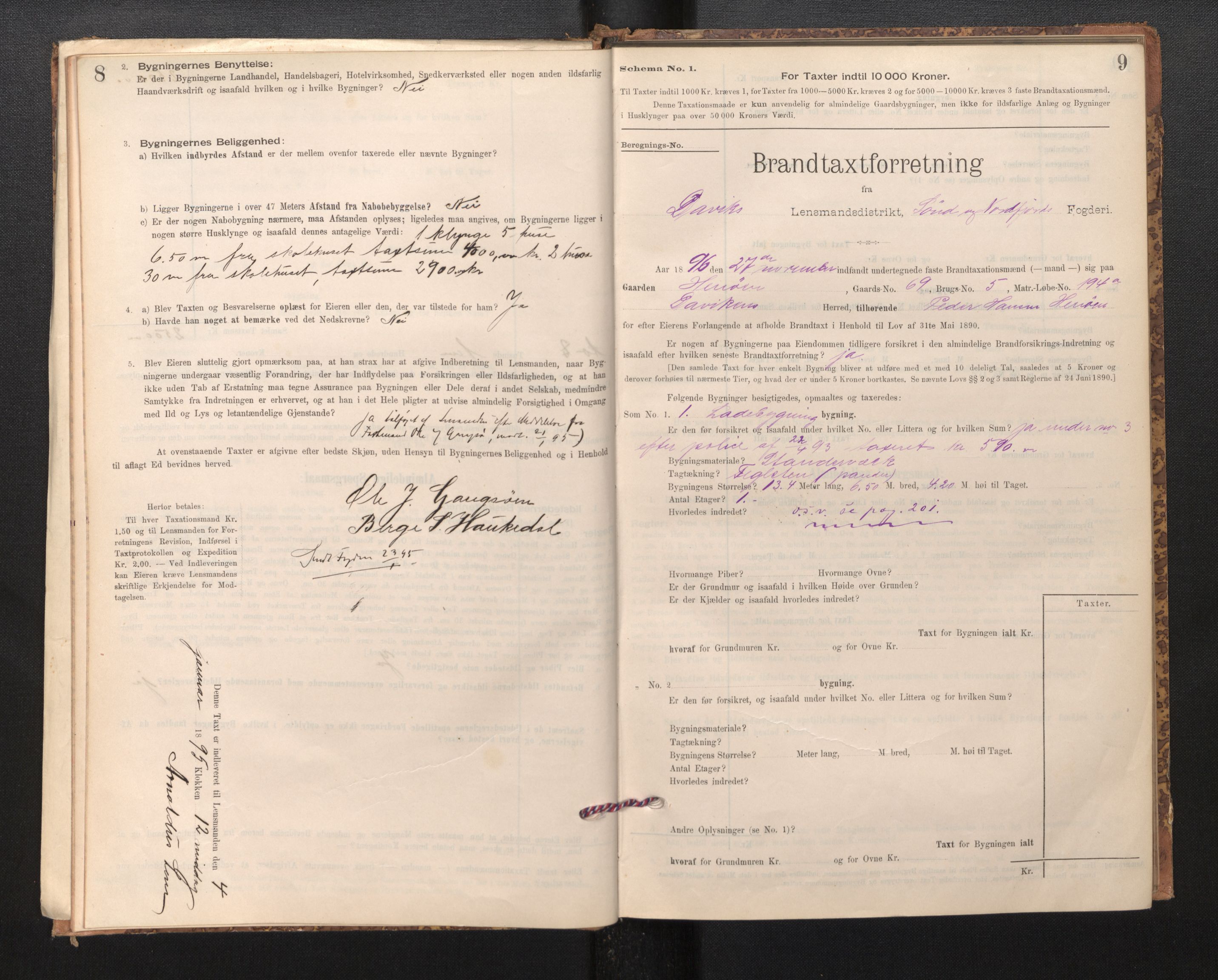 Lensmannen i Davik, AV/SAB-A-26801/0012/L0004: Branntakstprotokoll, skjematakst, 1894-1915, s. 8-9