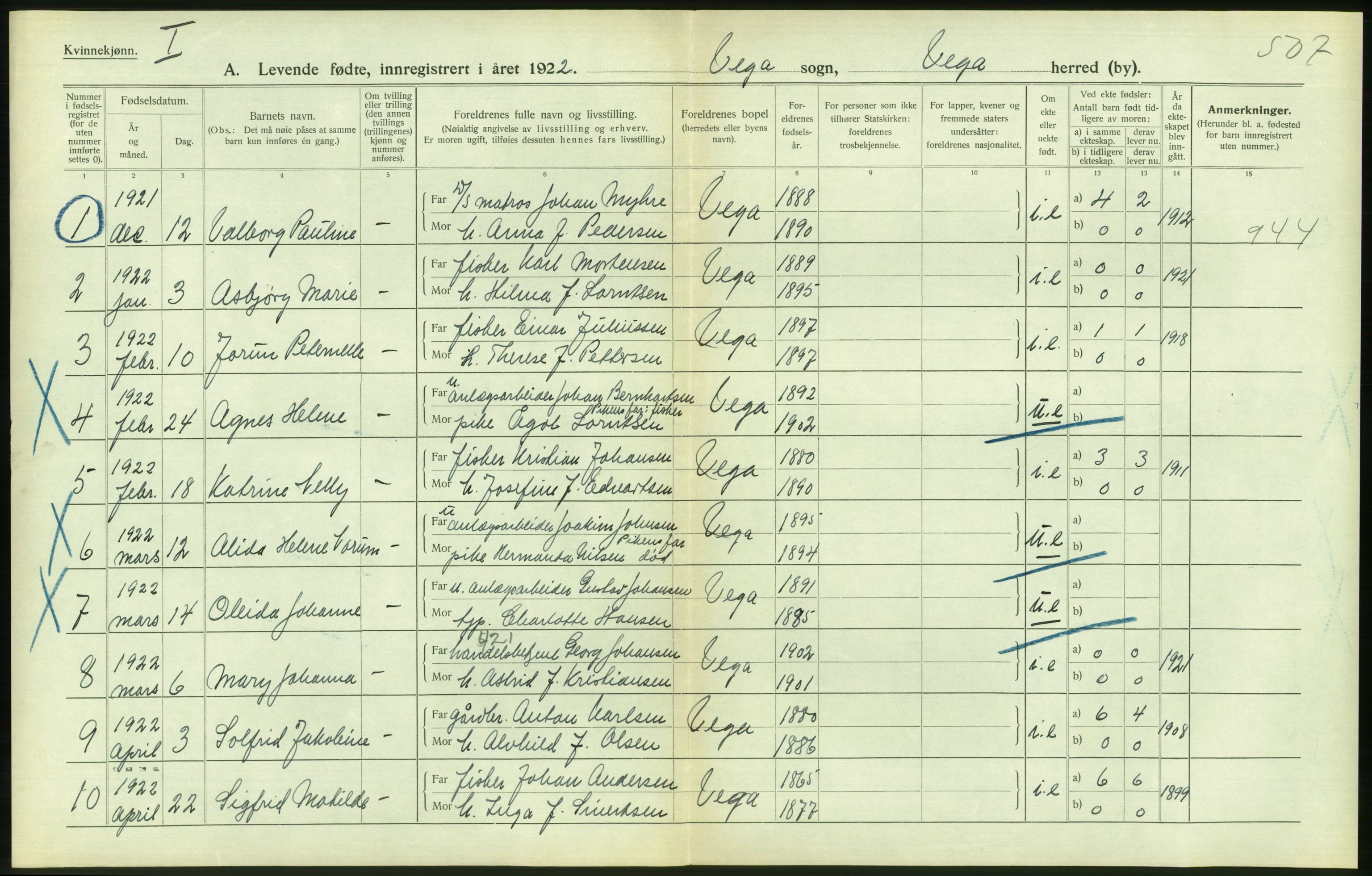 Statistisk sentralbyrå, Sosiodemografiske emner, Befolkning, AV/RA-S-2228/D/Df/Dfc/Dfcb/L0044: Nordland fylke: Levendefødte menn og kvinner. Bygder og byer., 1922, s. 550