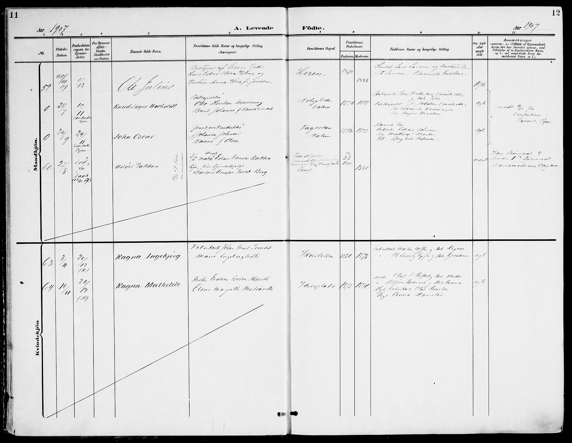 Ministerialprotokoller, klokkerbøker og fødselsregistre - Sør-Trøndelag, AV/SAT-A-1456/607/L0320: Ministerialbok nr. 607A04, 1907-1915, s. 11-12