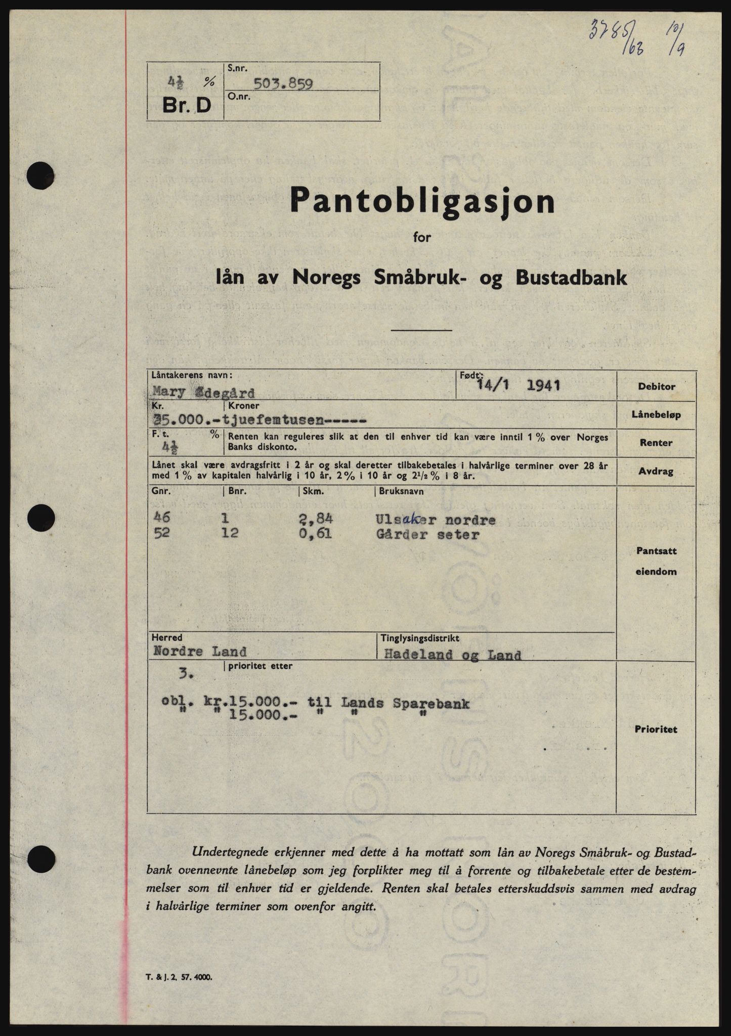 Hadeland og Land tingrett, SAH/TING-010/H/Hb/Hbc/L0052: Pantebok nr. B52, 1963-1963, Dagboknr: 3785/1963