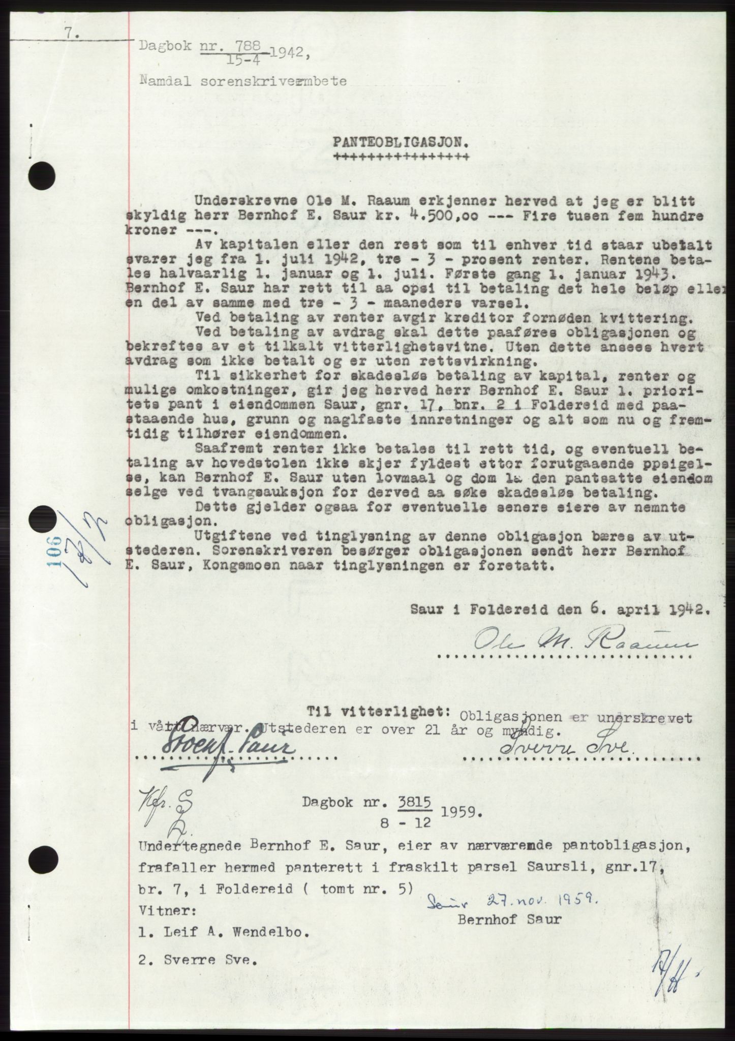 Namdal sorenskriveri, SAT/A-4133/1/2/2C: Pantebok nr. -, 1941-1942, Dagboknr: 788/1942
