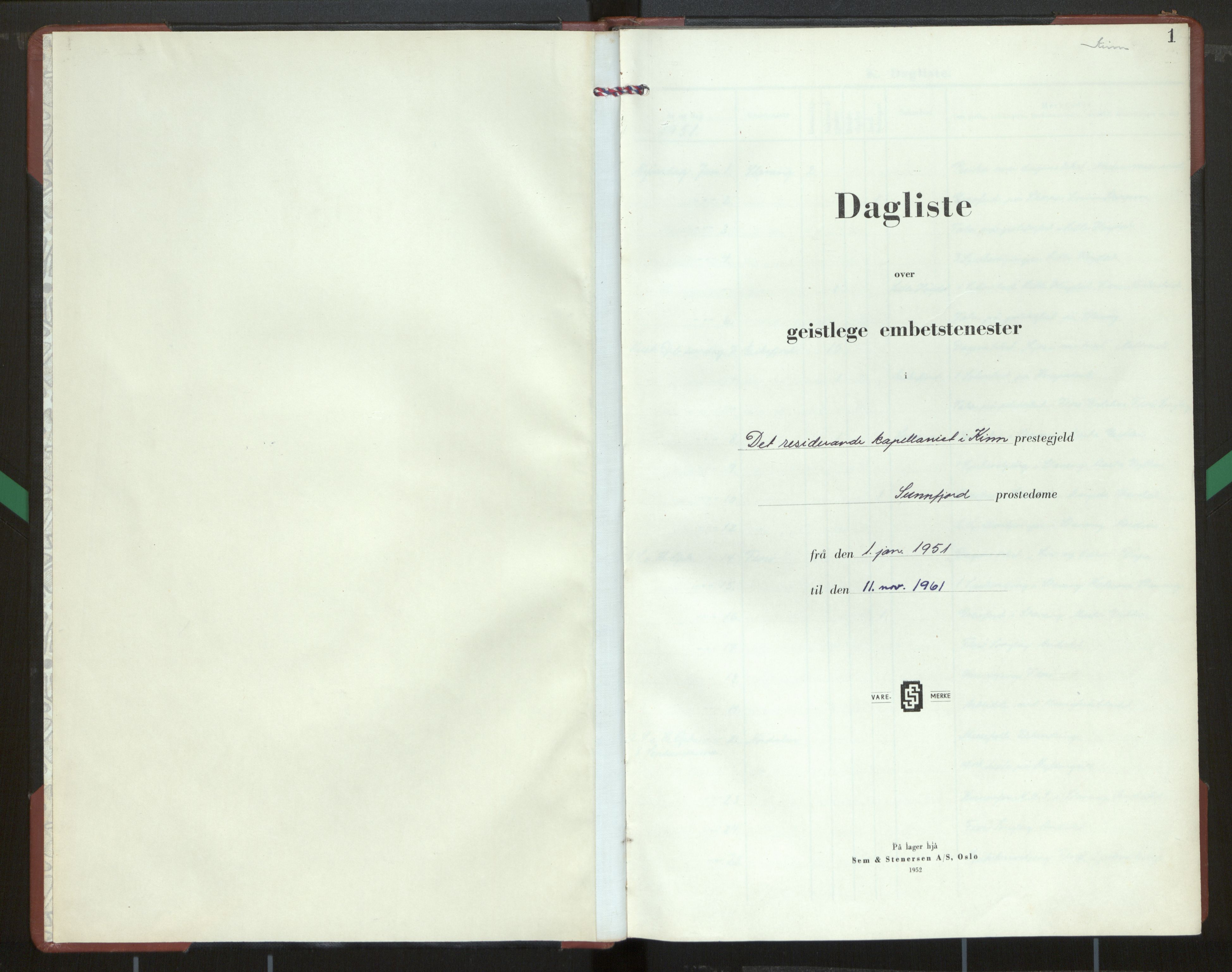 Kinn sokneprestembete, SAB/A-80801/H/Hac/L0003: Dagregister nr. 3, 1951-1961, s. 1