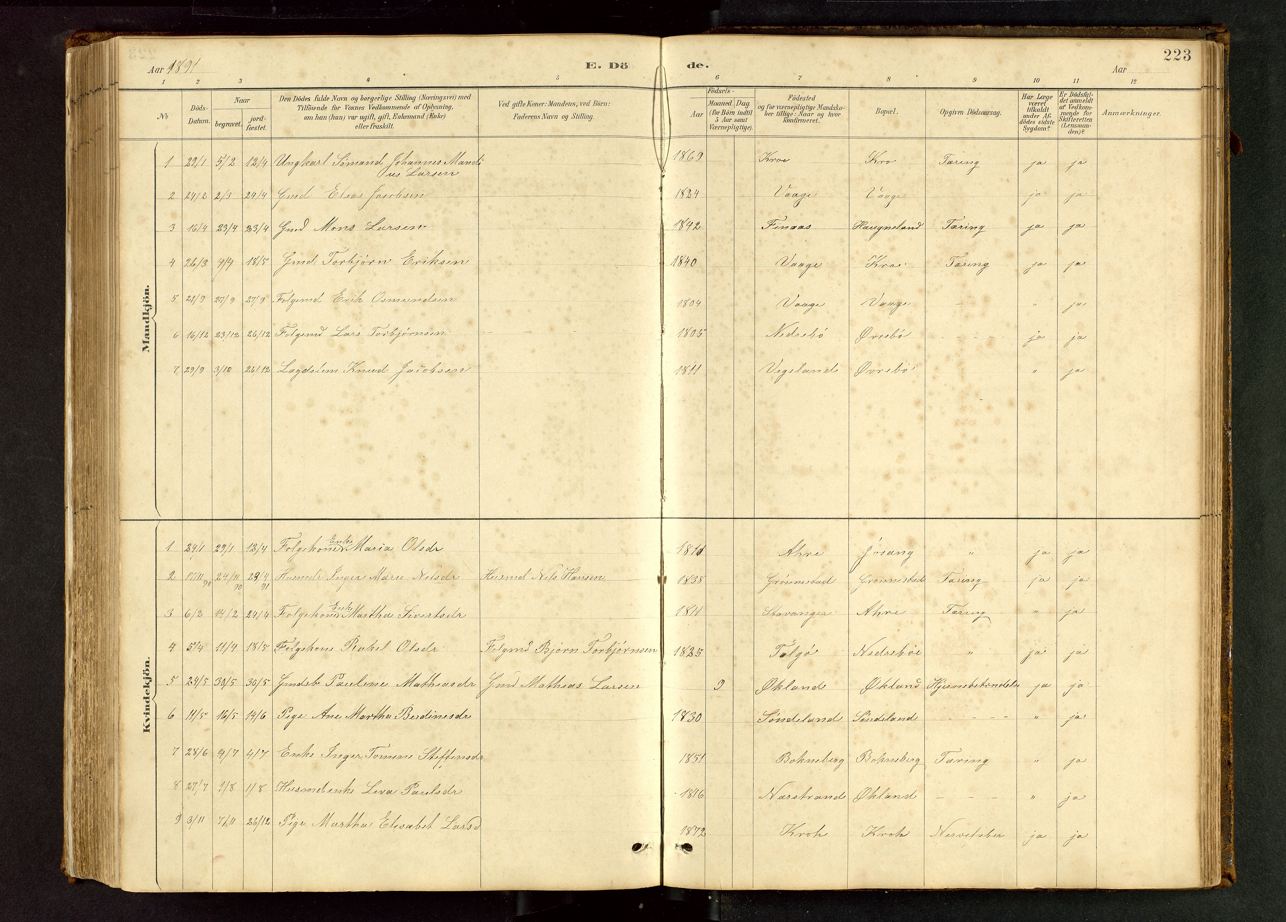 Tysvær sokneprestkontor, SAST/A -101864/H/Ha/Hab/L0005: Klokkerbok nr. B 5, 1887-1947, s. 223