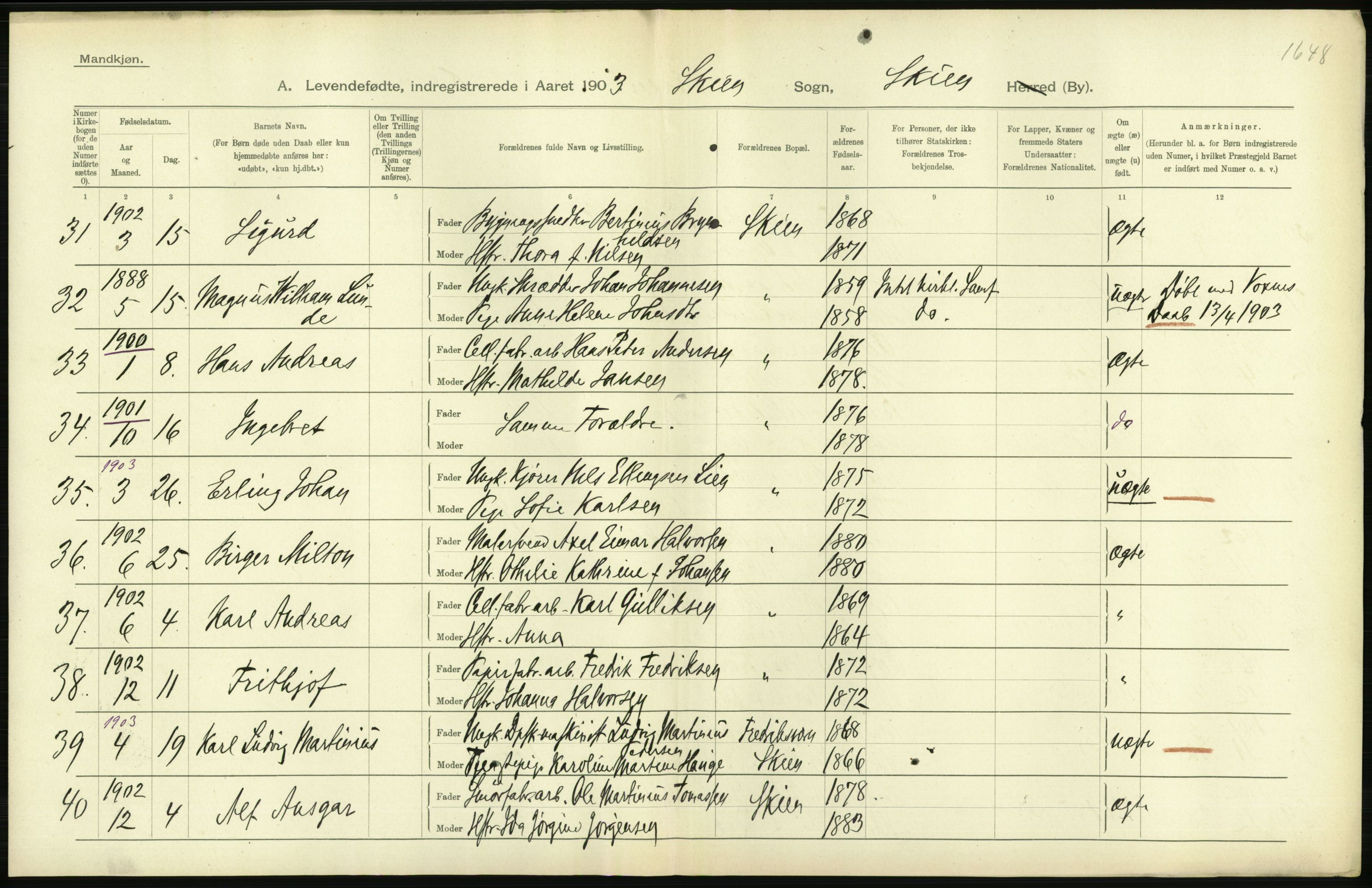 Statistisk sentralbyrå, Sosiodemografiske emner, Befolkning, AV/RA-S-2228/D/Df/Dfa/Dfaa/L0009: Bratsberg amt: Fødte, gifte, døde, 1903, s. 306