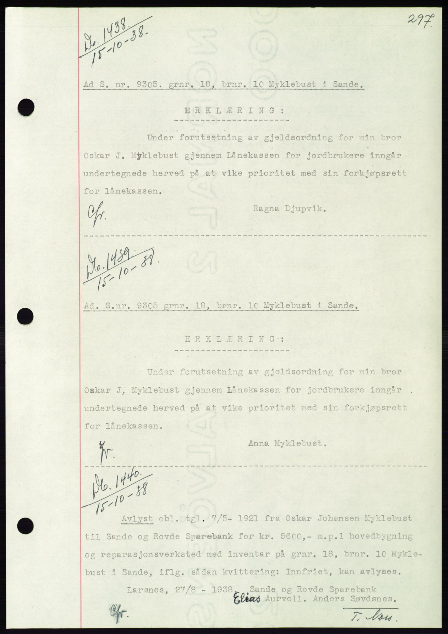 Søre Sunnmøre sorenskriveri, AV/SAT-A-4122/1/2/2C/L0066: Pantebok nr. 60, 1938-1938, Dagboknr: 1438/1938