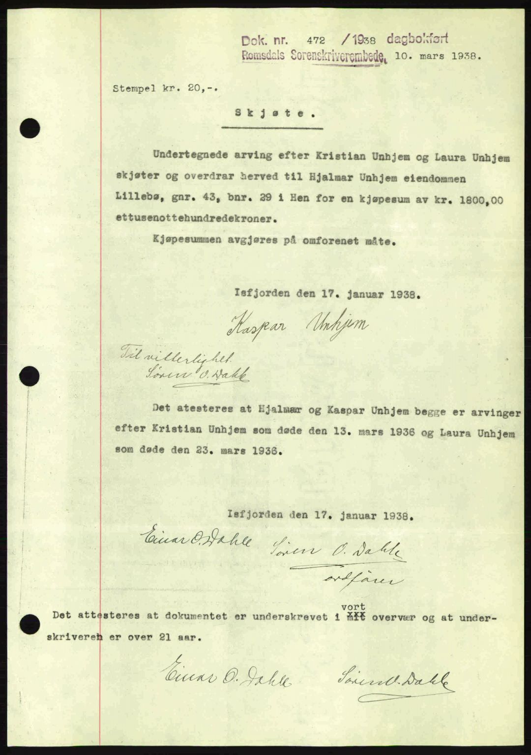 Romsdal sorenskriveri, SAT/A-4149/1/2/2C: Pantebok nr. A4, 1937-1938, Dagboknr: 472/1938